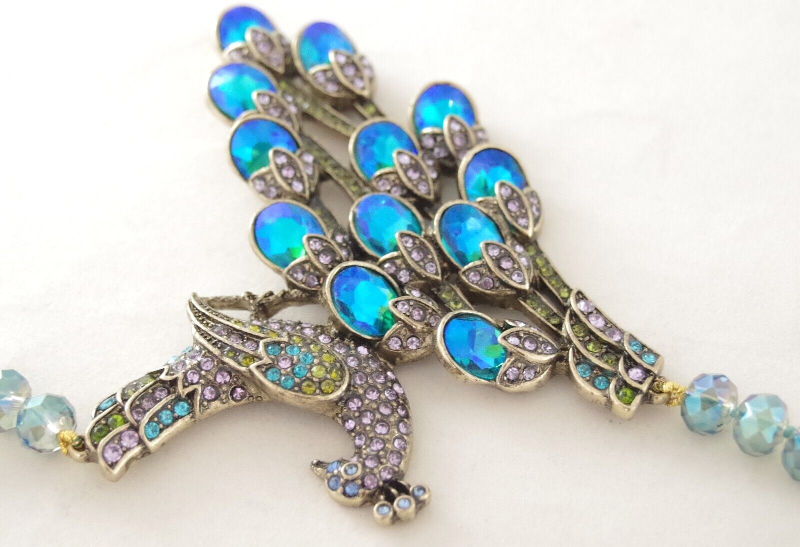 NWOT DESIGNER STYLE PEACOCK RHINESTONE PEACOCK BIRD AB CRYSTAL BEAD NECKLACE
