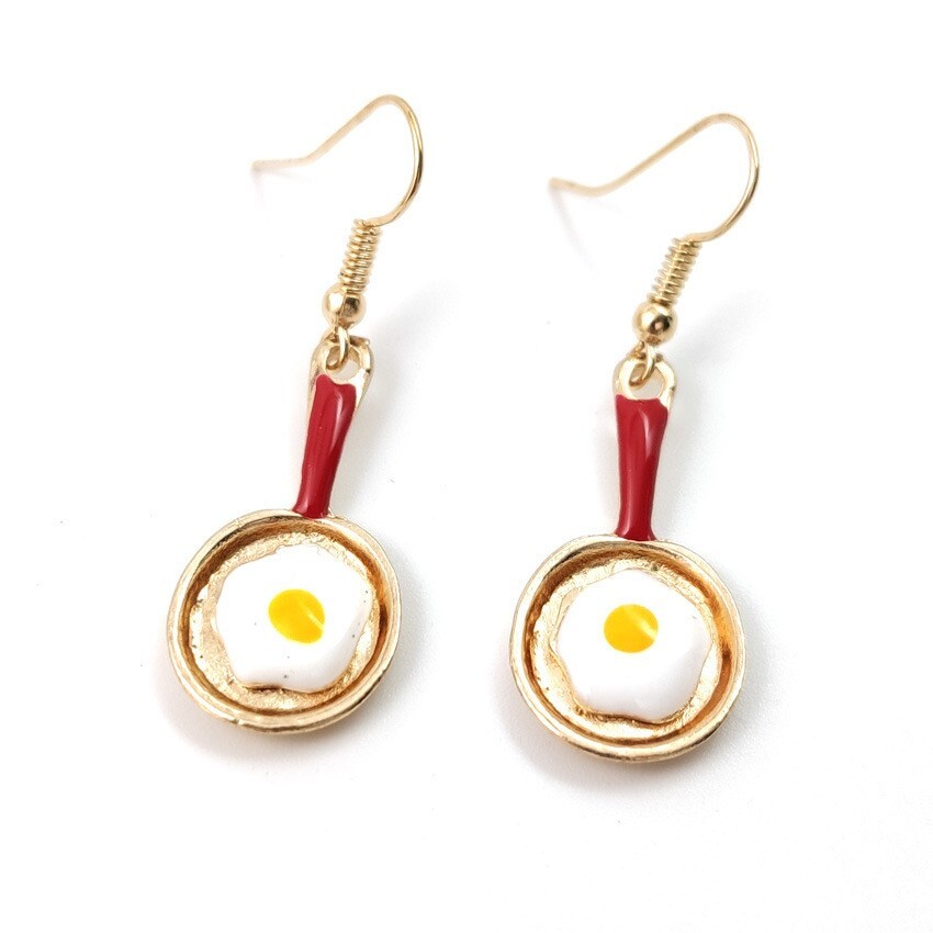 Miniature Skillet Frying Pan with Fried Egg Red White Enamel Gold Tone Earrings