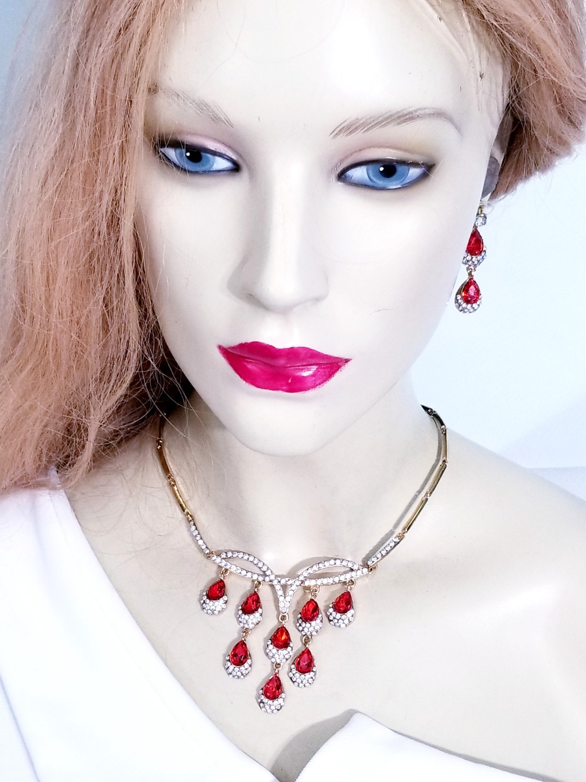 Necklace Earring Set Rhinestone Austrian Crystal Red Bridal Prom Jewelry