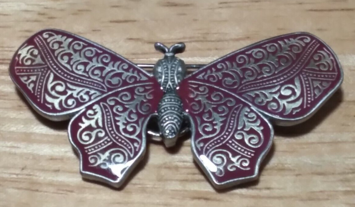 Pewter & Enamelware Butterfly Brooch = Pewter & Maroon Color 2″ Wide New