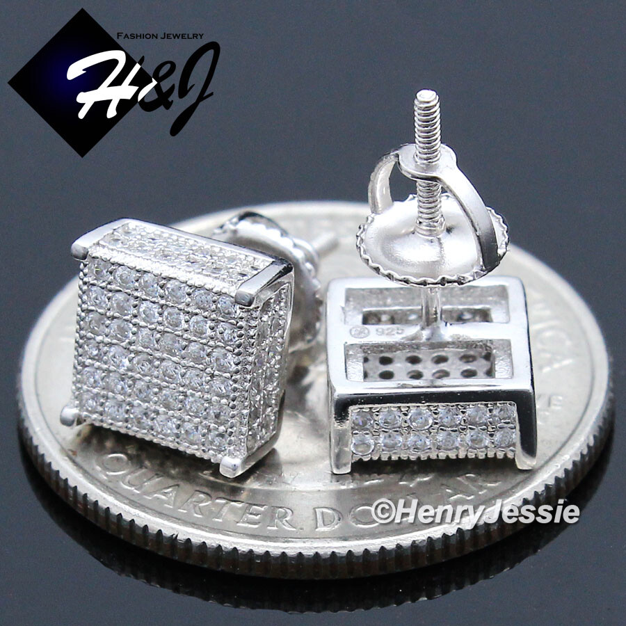 MEN 925 STERLING SILVER ICY BLING CZ 8MM 3D SQUARE SCREW BACK STUD EARRING*E149
