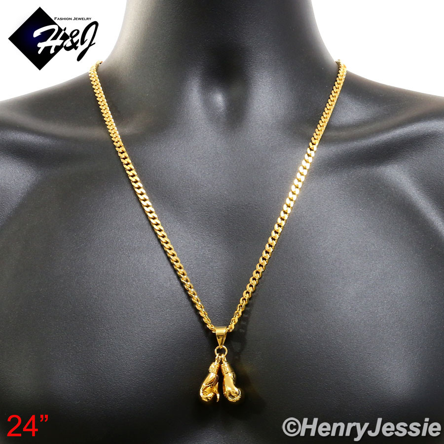18-36″MEN Stainless Steel 5mm Gold Plated Cuban Chain Boxing Glove Pendant*87