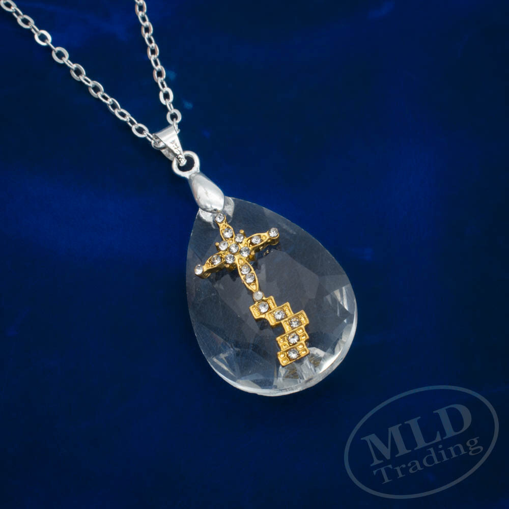 Crystal Cross Pendant Necklace – 18″ Link Chain, Clear Crystal & Gold Zinc Alloy