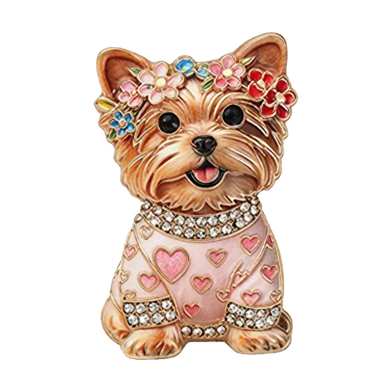 4PCS Yorkshire Terrier Dog Brooch Pin Set Enamel Crystal Floral Puppy Gift