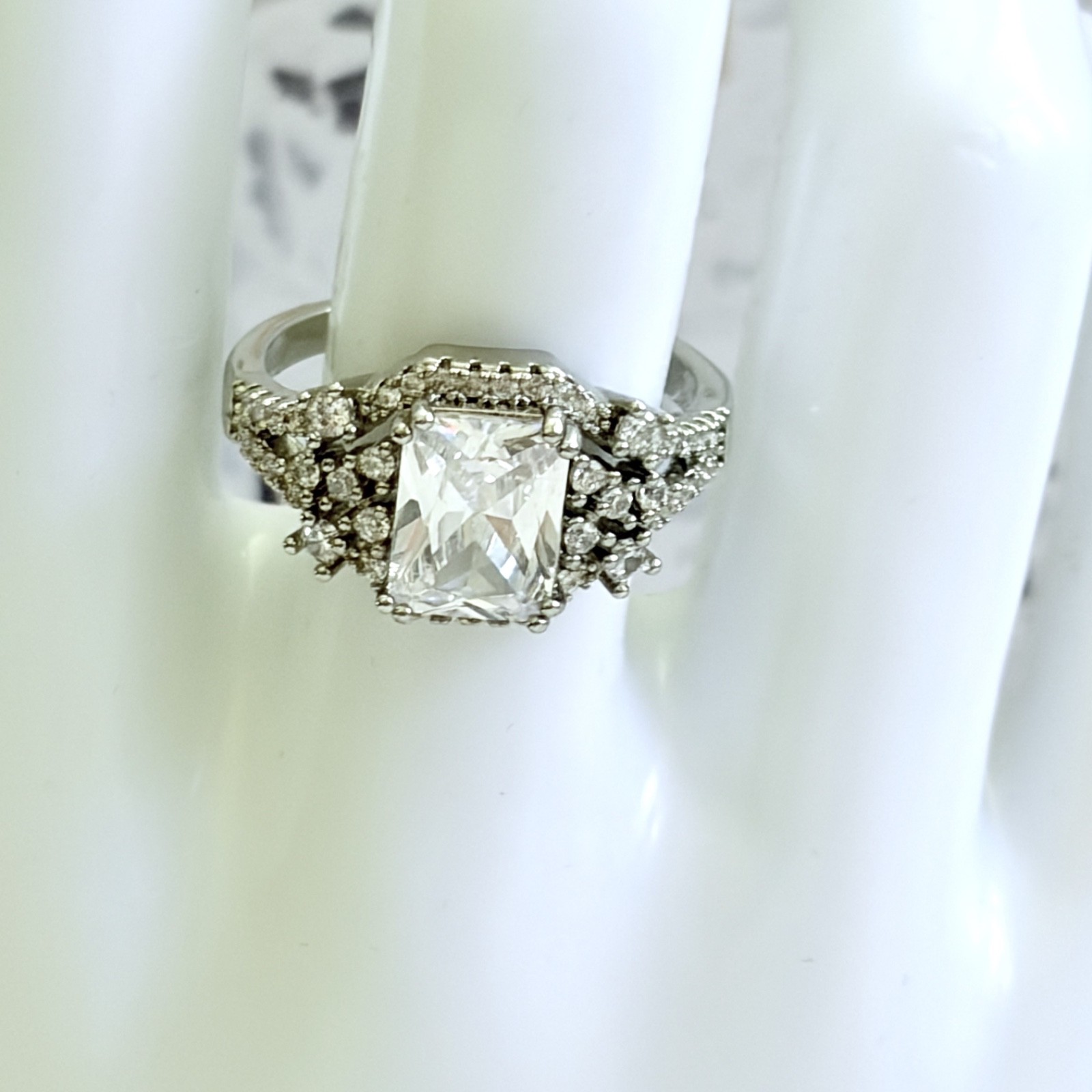 14k White Gold & 925 SS White Simulated Sapphire Radiant Cut Halo Women’s Ring