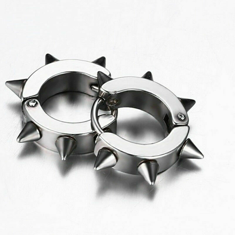 Punk Rock Stainless Steel Spike Circle Huggie Hinged Hoop Earrings for Men Women
