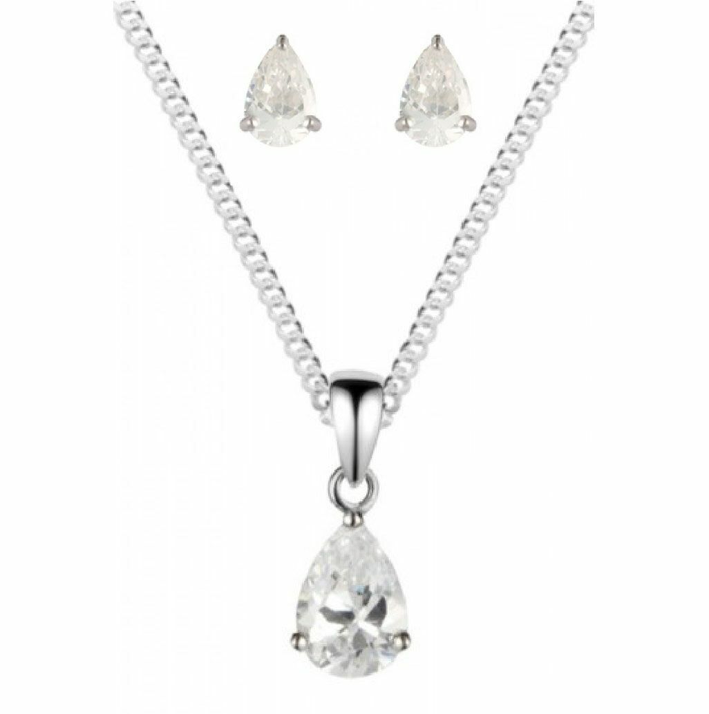 925 Sterling Silver Clear White CZ Pearshape Pendant Earring Set