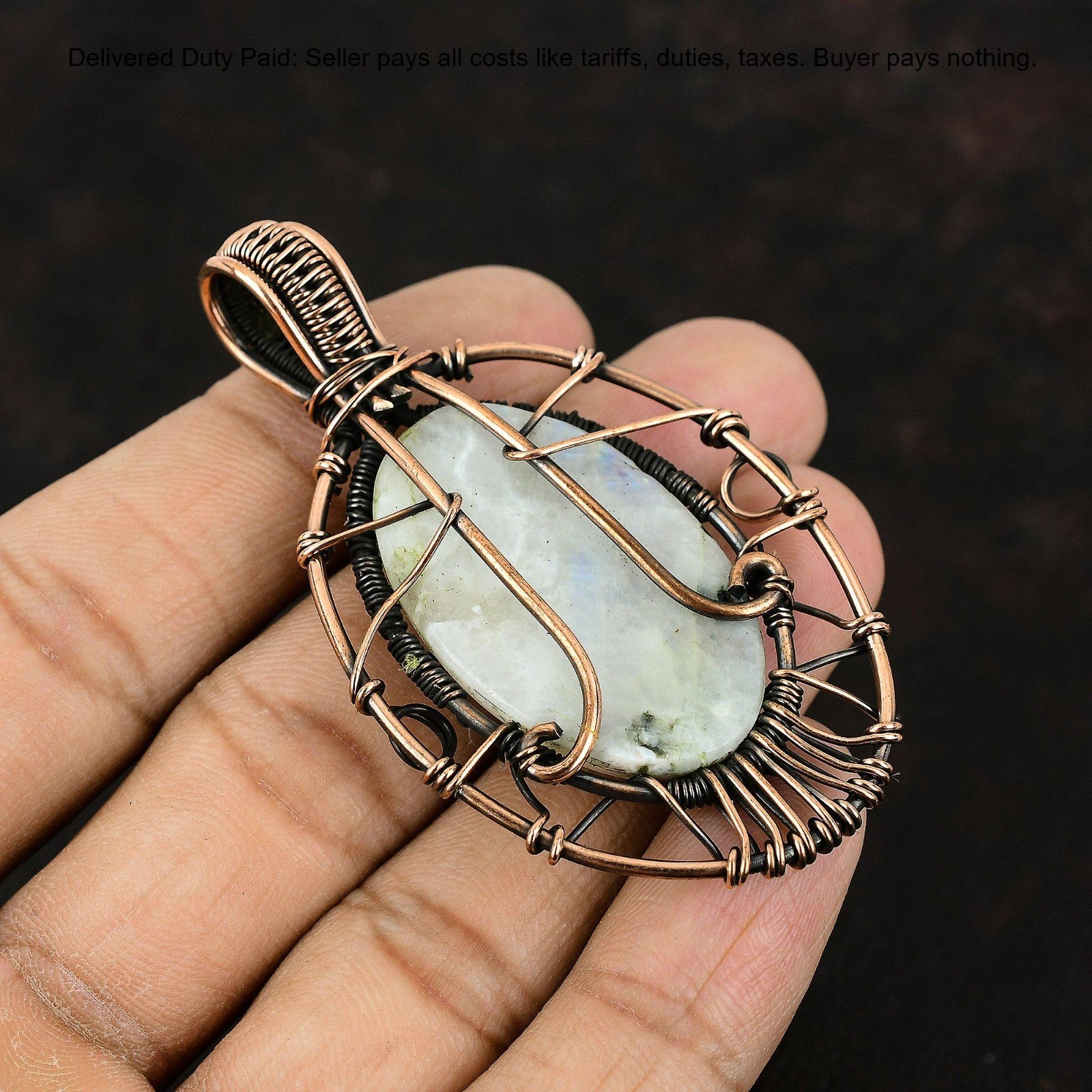 Copper Rainbow Moonstone Gemstone Tree Of Life And Wire Wrapped Pendant Jewelry