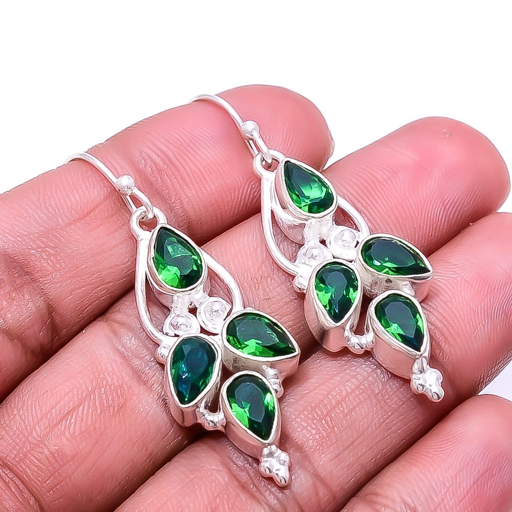 Emerald -Simulated Multi Collet 925 Sterling Silver Earring 1.95″ E804735726