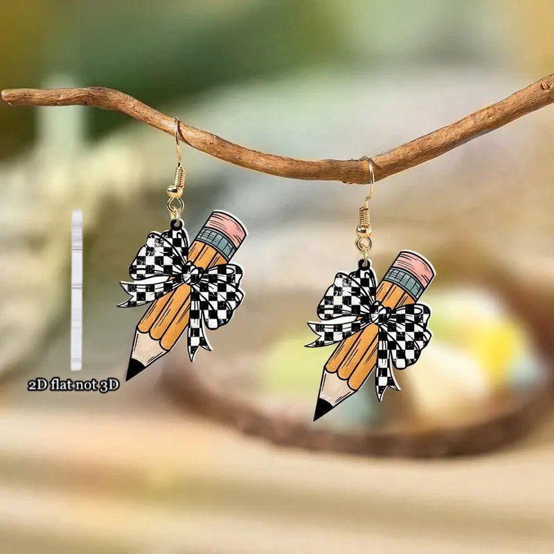 4 Pairs of Acrylic Back-to-school Teacher’s Day Bow Pencil Earrings