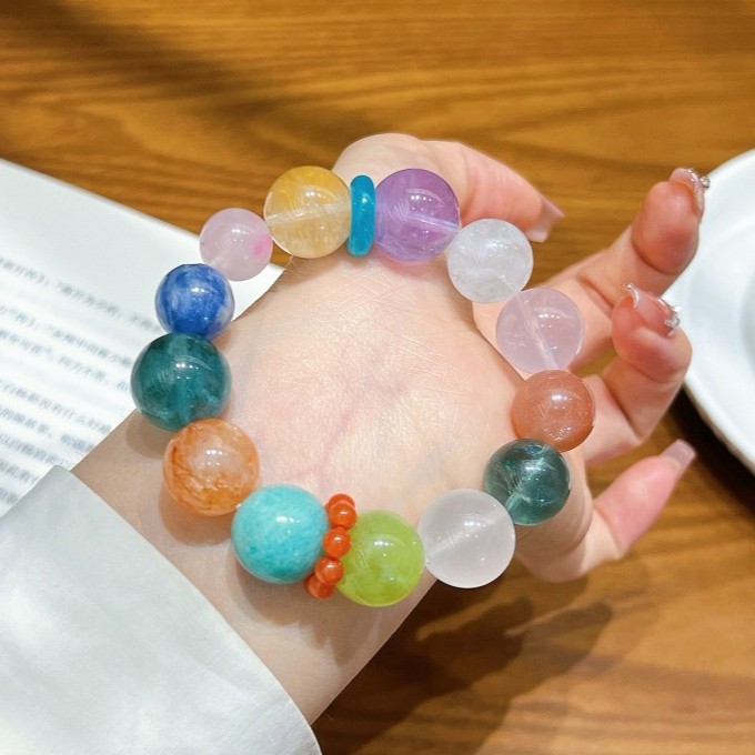 13mm Natural Fluorite blue crystal rose quartz sprpentine jade Handmade Bracelet