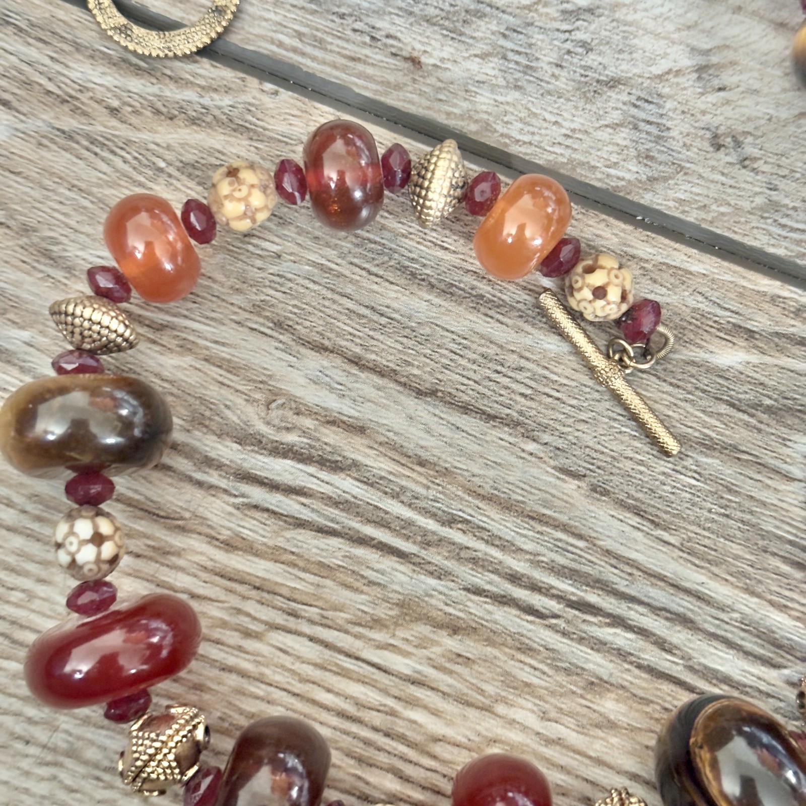 Tigers Eye Mixed Materials Plastic Beaded Statement Necklace Gold Tone