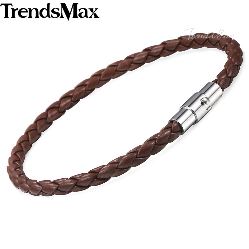 4mm Brown Braided Cord Rope Man-made Leather Bracelet Magnetic Clasp 8″