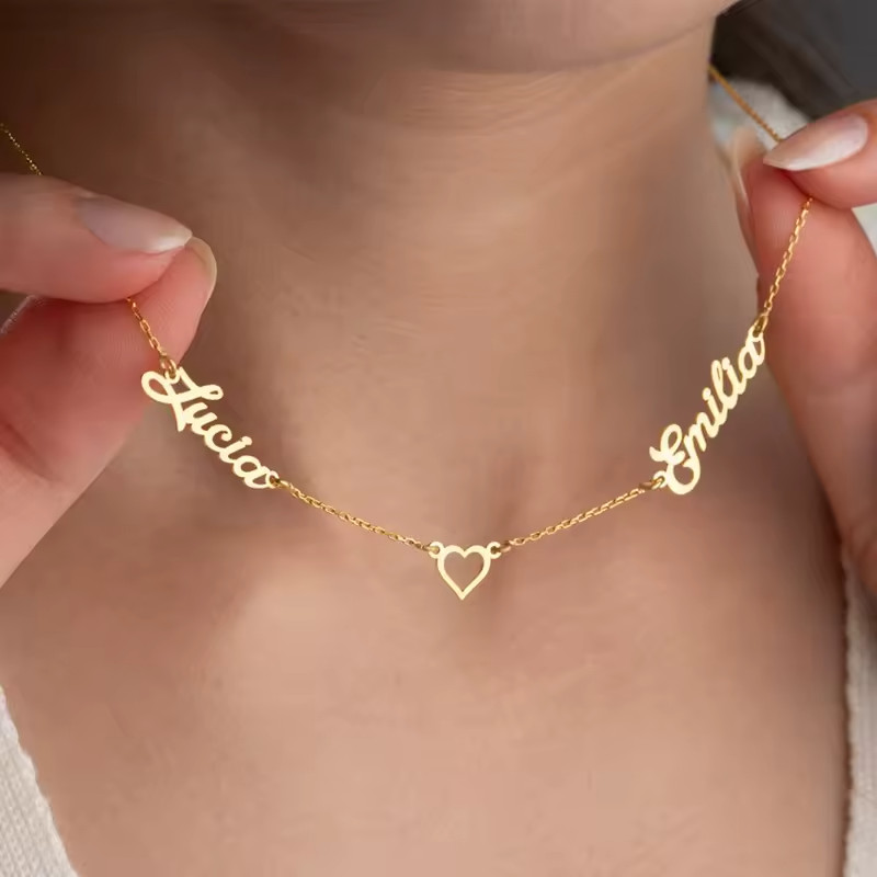 Custom Double Name Heart Pendant Necklace Charm Gift Link Chain Jewelry Women