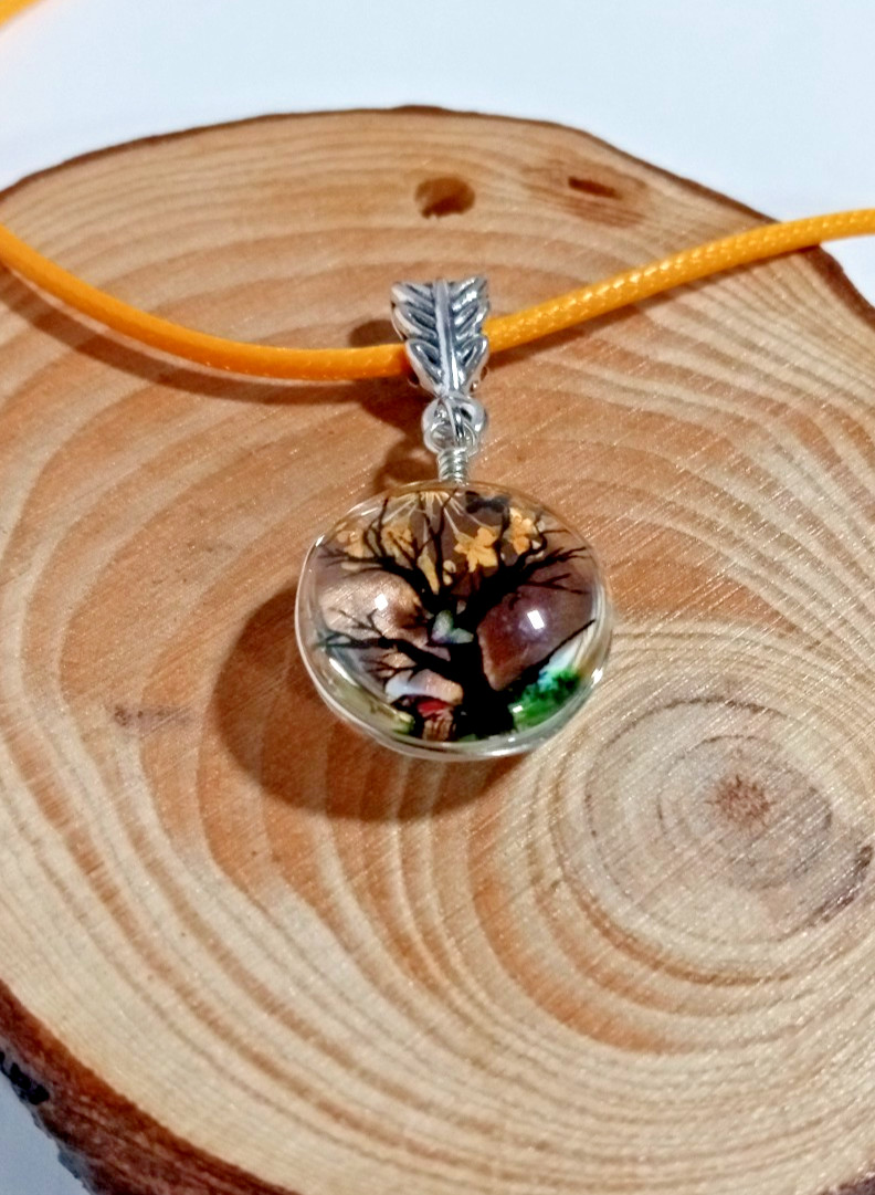 Pressed Flower Tree Charm Pendant Necklace Yellow/Orange Butterfly NEW!