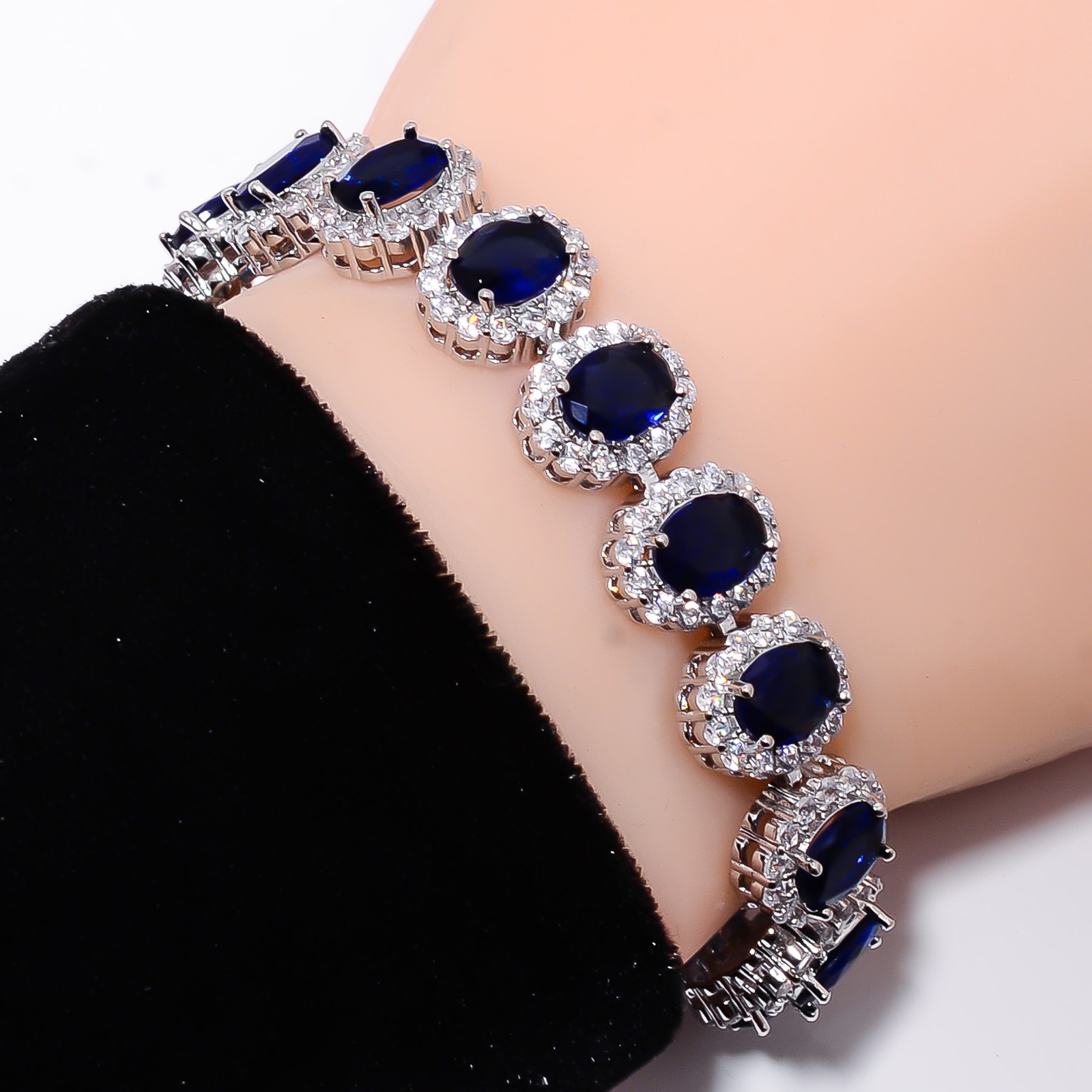 Blue Sapphire -Simulated, CZ 925 Sterling Silver Adjustable Bracelet 7-8″ B1822
