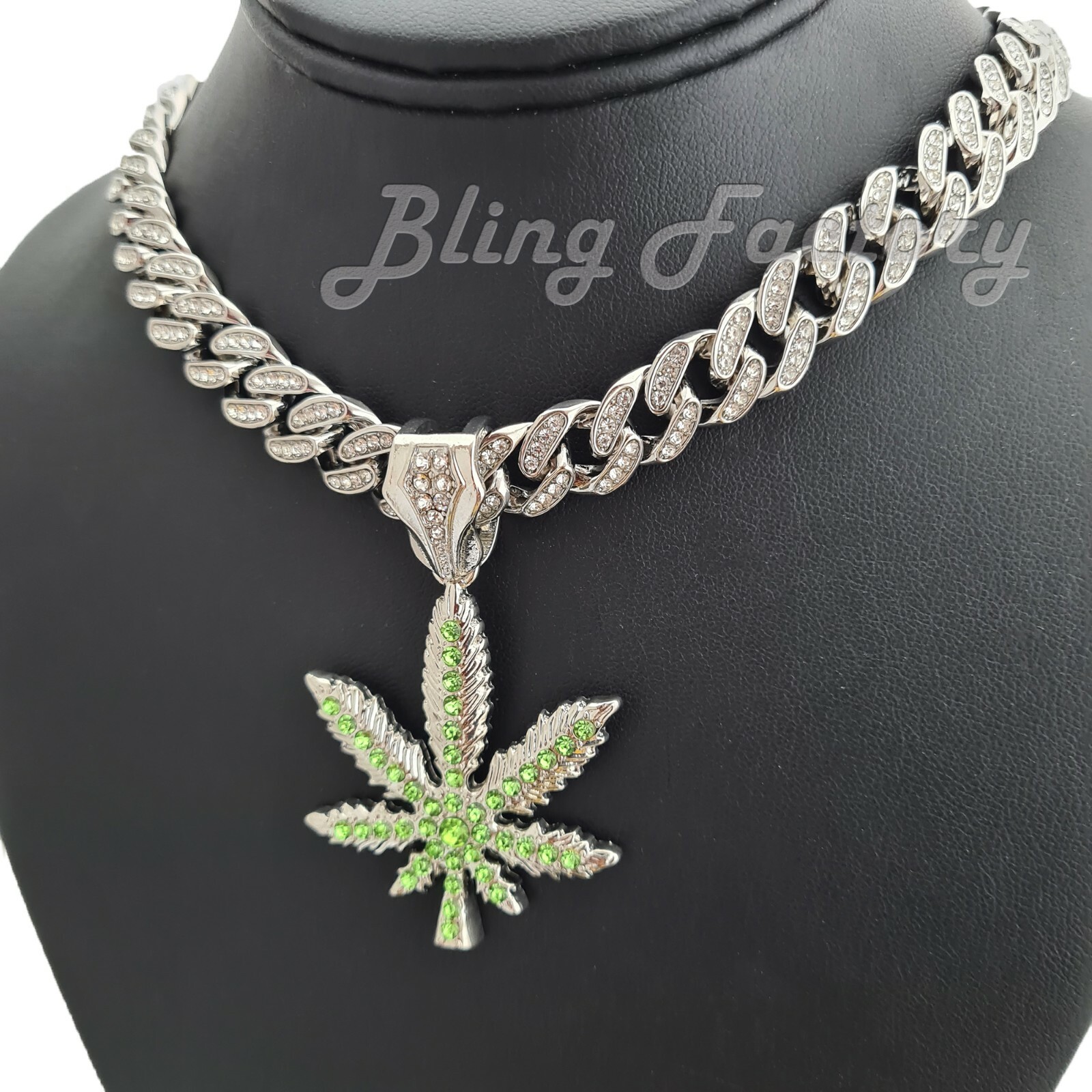 Marijuana Weed Leaf pendant 16″ ~ 24″ Iced Box Lock Cuban Choker Chain Necklace