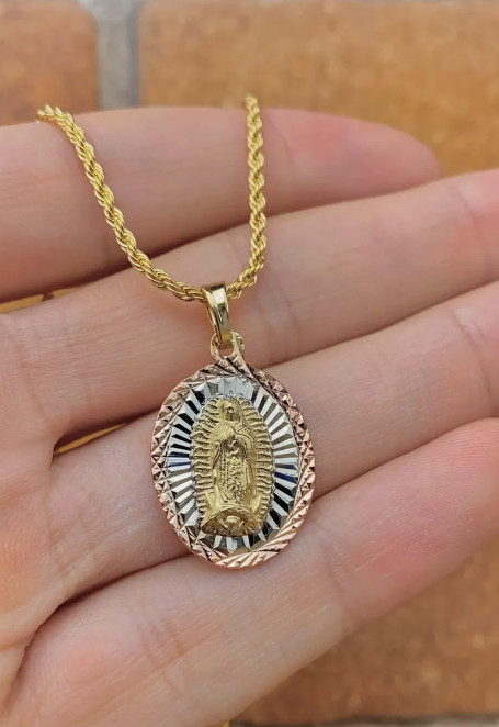 Virgin Mary of Gadalupe Two Tone Necklace 17″ Pendant For Womens Ladies Cadena