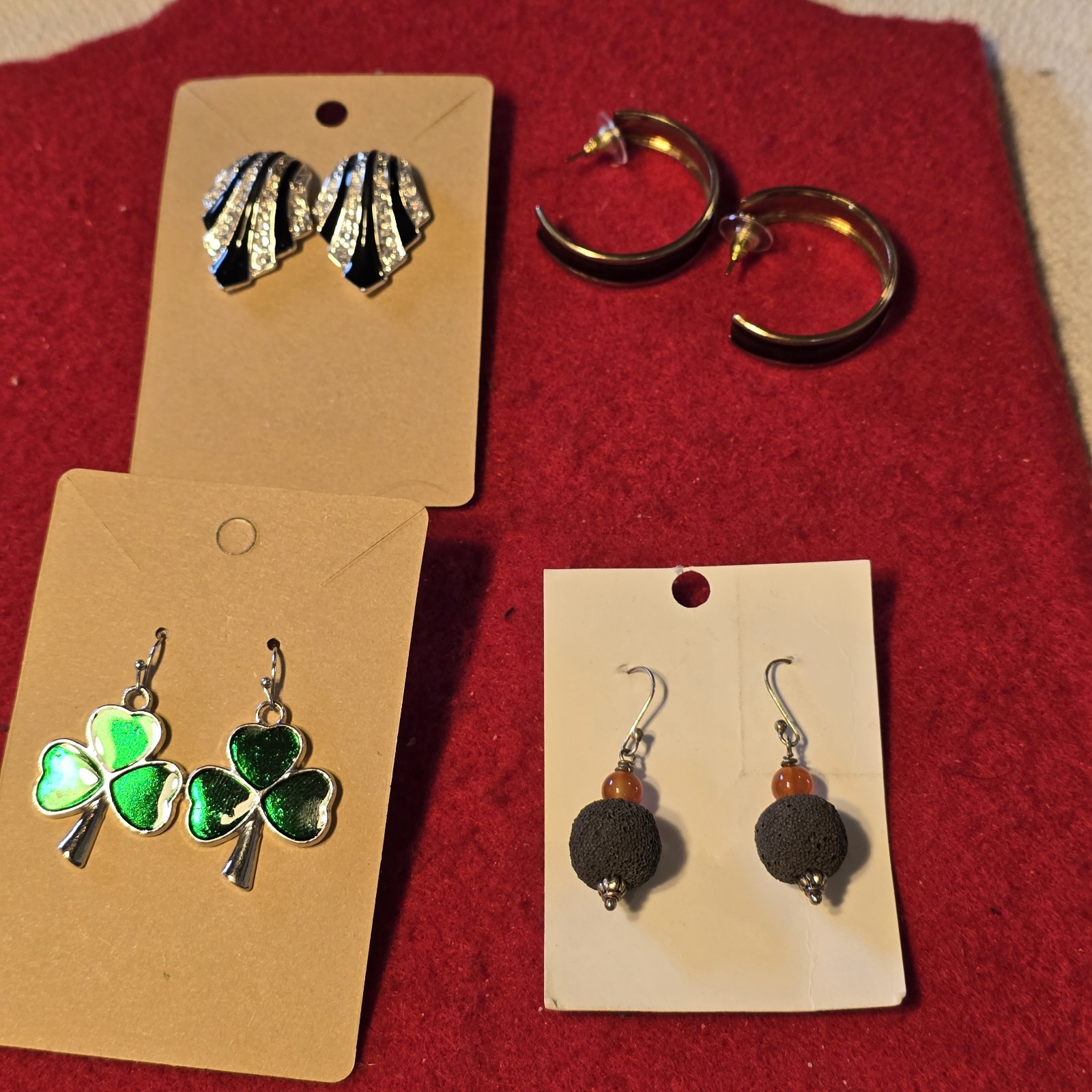 Mixed Earrings Lot Avon Rhinestone Black Hoops Shamrock Dangle Stud Set