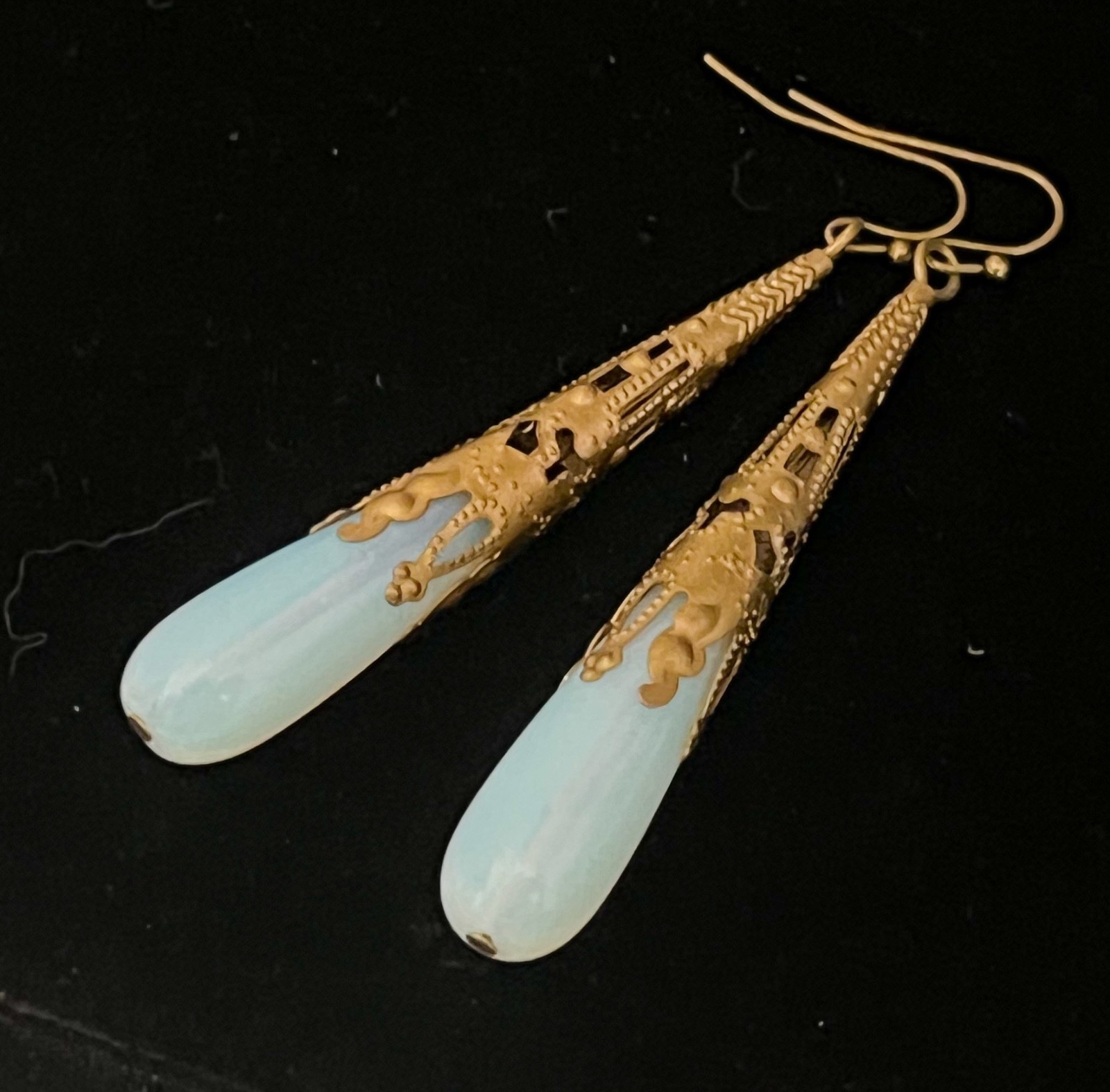 Opalite Earrings Long Filigree Glass Drops Art Nouveau Jewelry