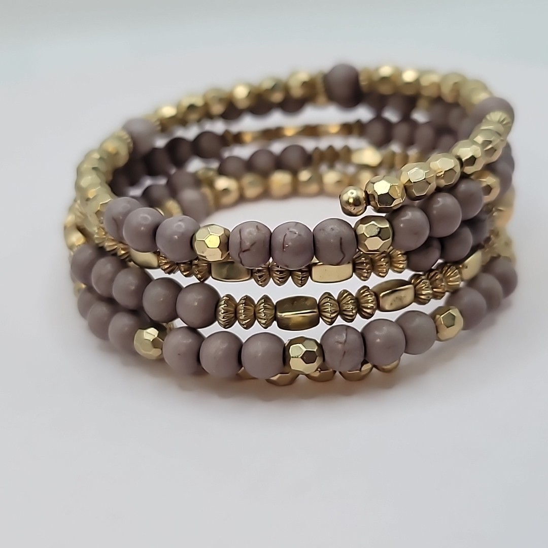 Purple Gray Gold Tone Beaded Memory Wire Coil Bracelet