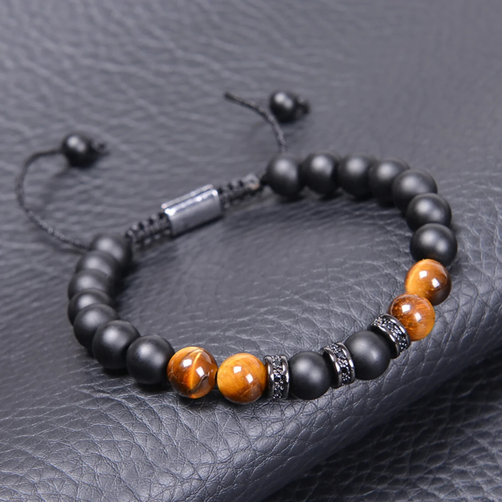 Black Onyx Tiger Eye Natural Stone Adjustable Bracelet Spiritual Healing Gift