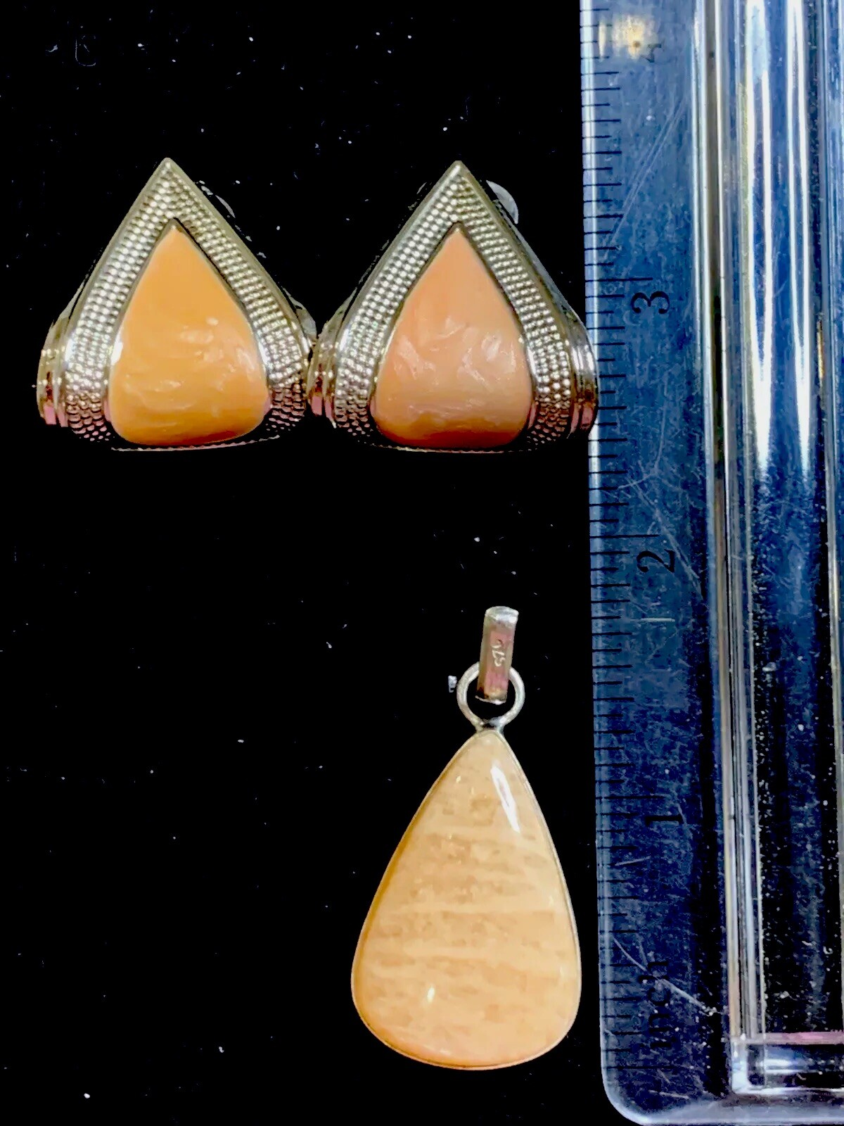 Vintage Enameled Earrings & New Genuine Stone Teardrop 925 Pendant Set
