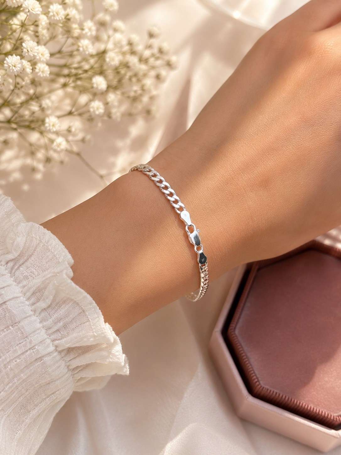 Silver Cuban Link Chain Bracelet, Lobster Clasp,Barcode 64680