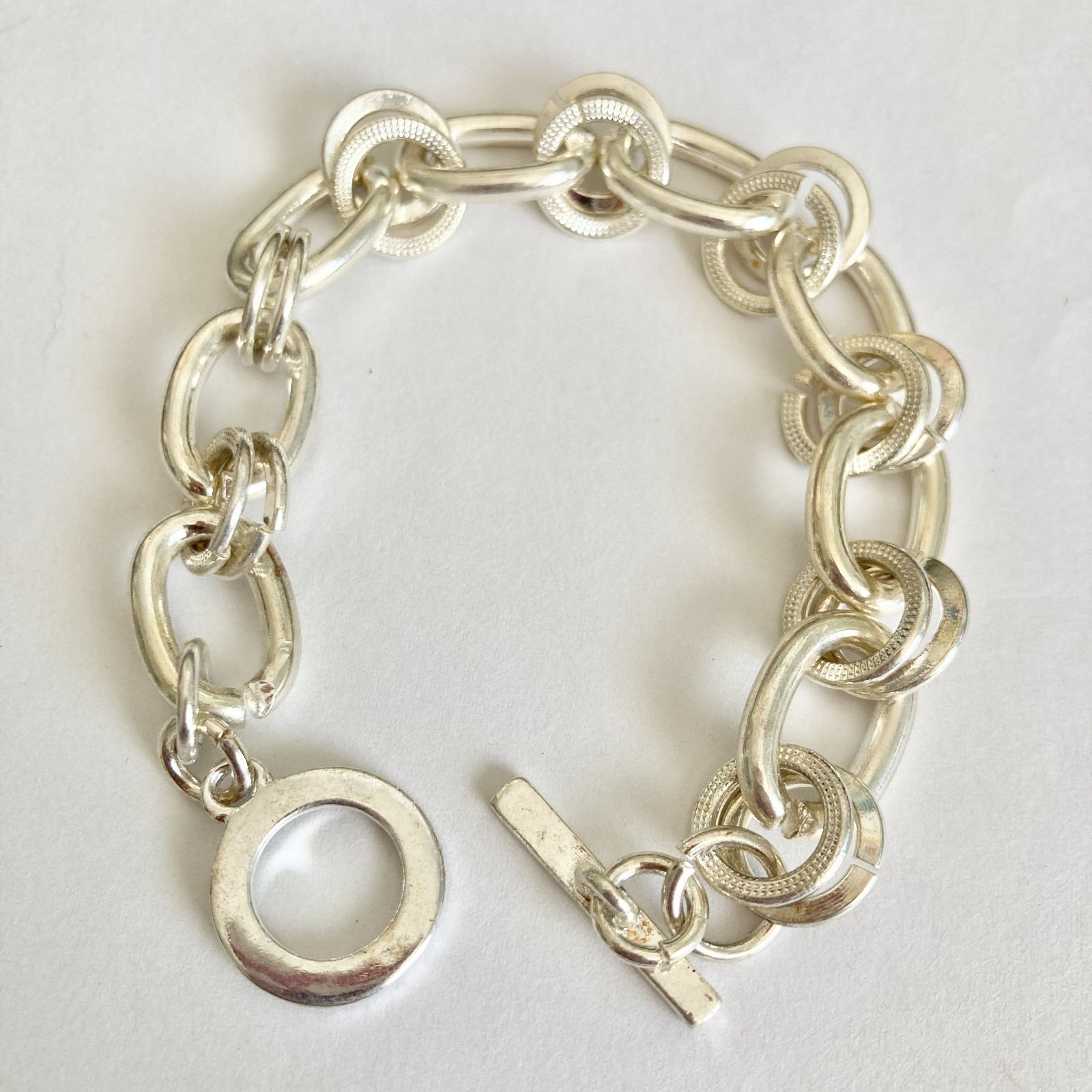 Rolo Curb Link Chain Bracelet with Toggle Clasp Silver Plated Vintage Stock 7.5″