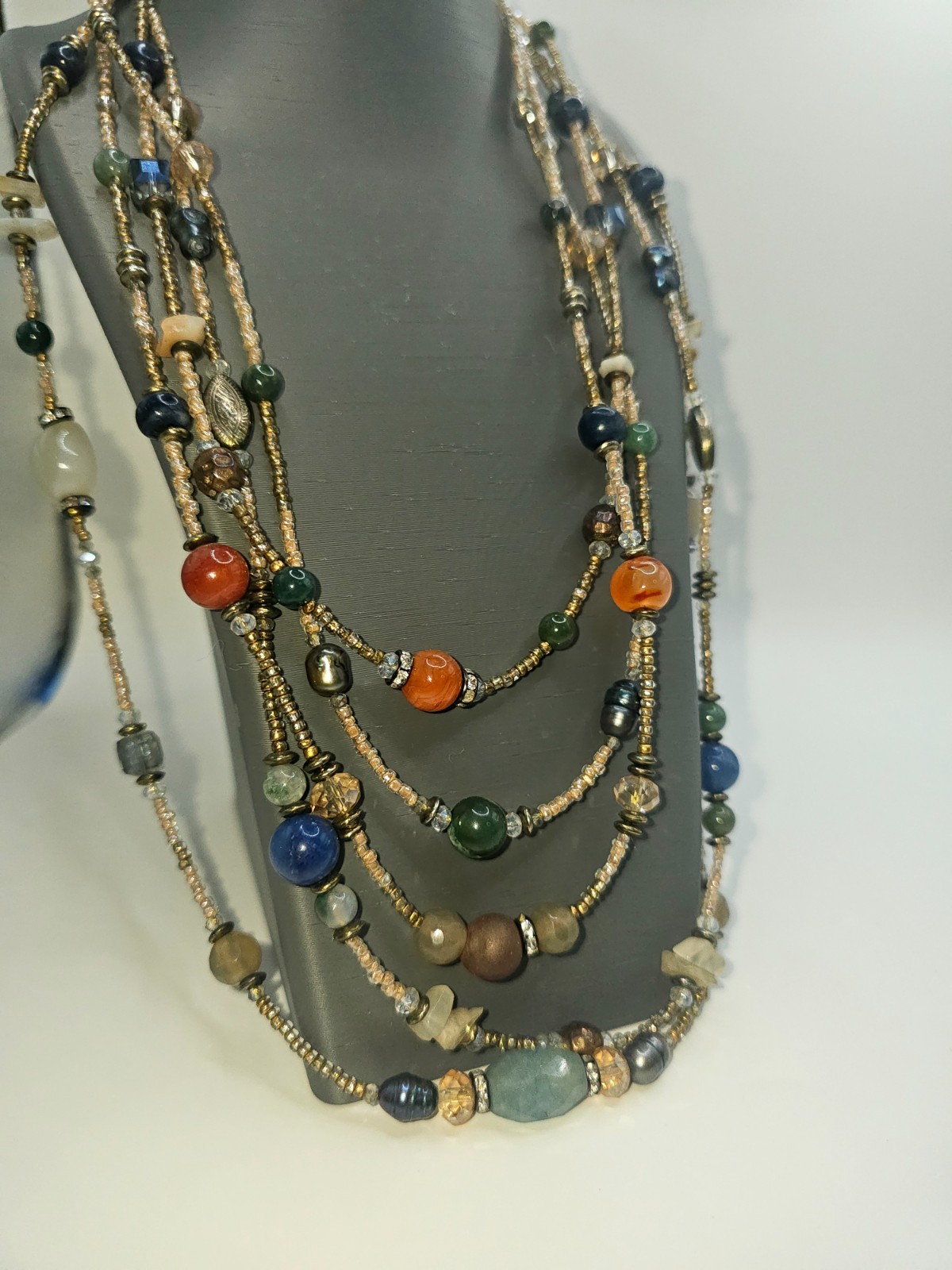 Chico 5 Strand Tourmaline, Glass, and Metallic Beads Necklace Orange Blue Green