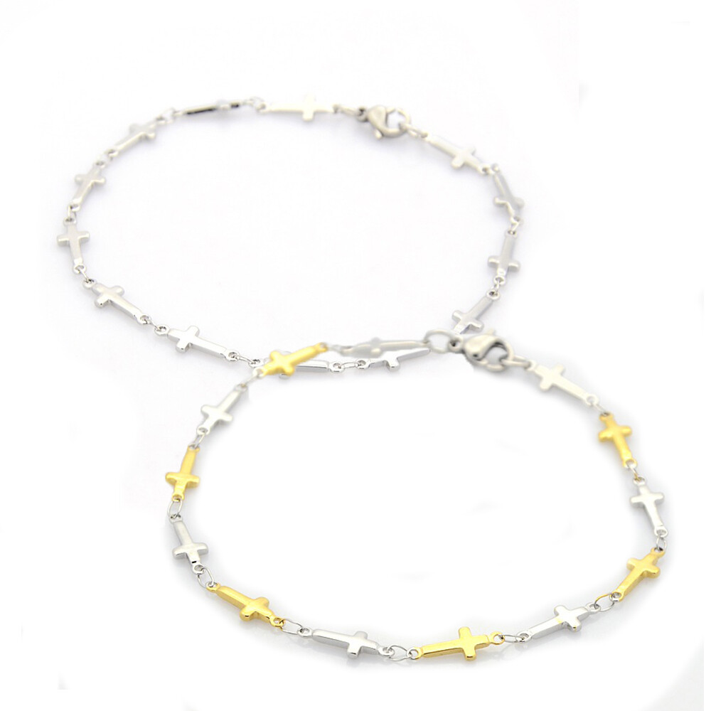 Catholic Stainless Steel Cross Link Chain Bracelet Lobster Gold Silver 7.8″ P267