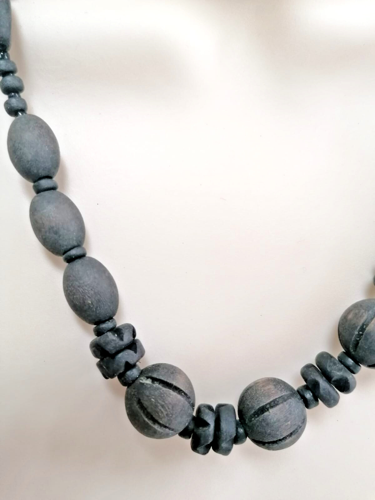 black wooden bead necklace in mixed shapes 53cm tribal style signs of wear