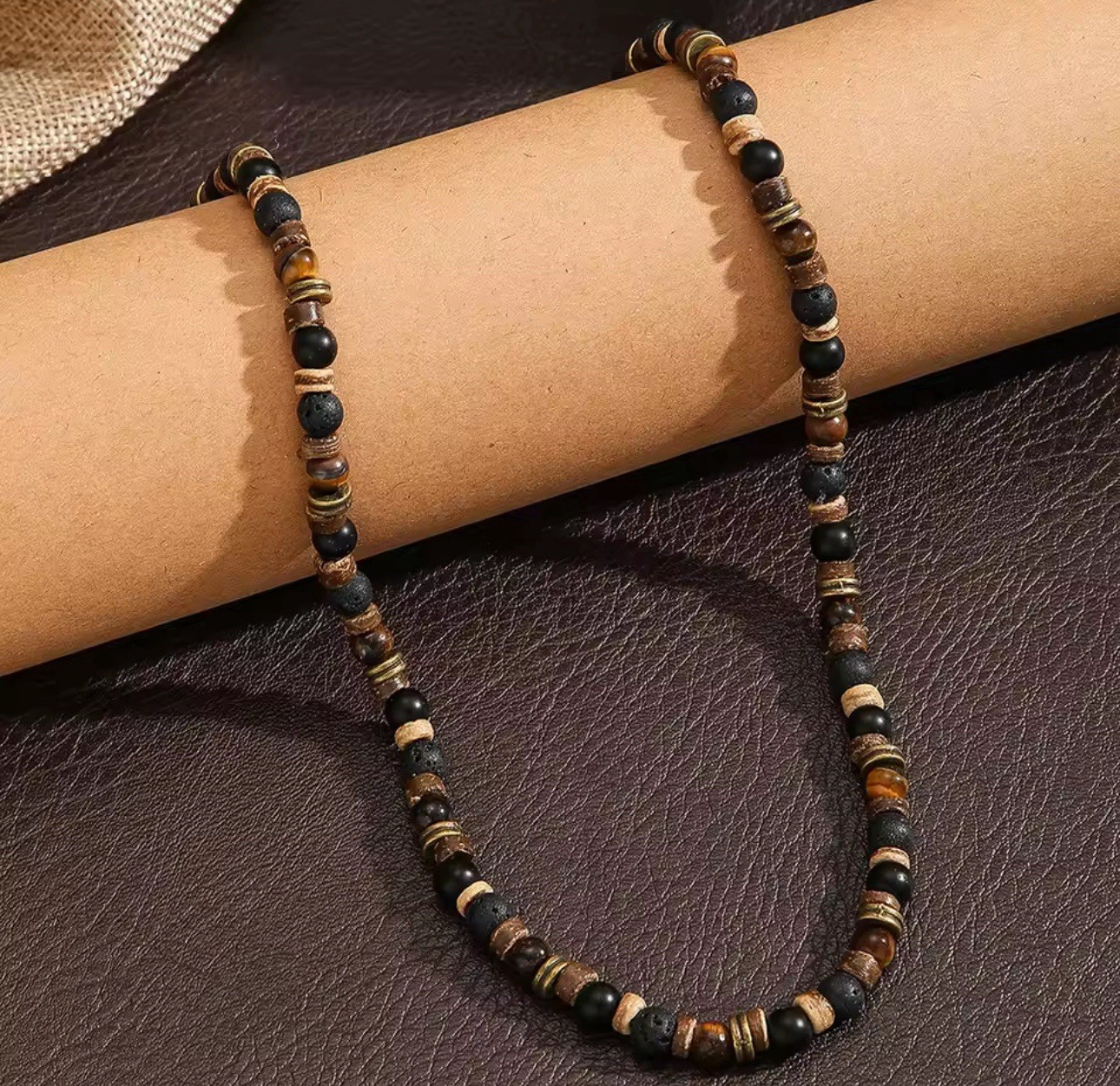 Mens Boho Necklace Tiger Eye Lava Stone Wood Beads Surfer Handmade Choker