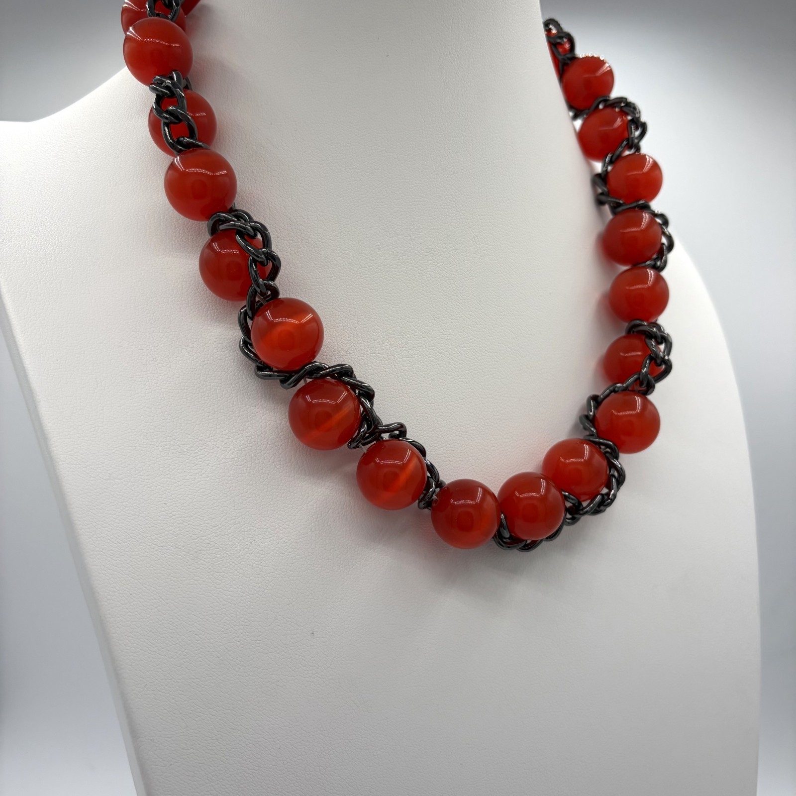 TULESTE Woven Gunmetal Chain Red Marble Bead Choker Collar Statement Necklace