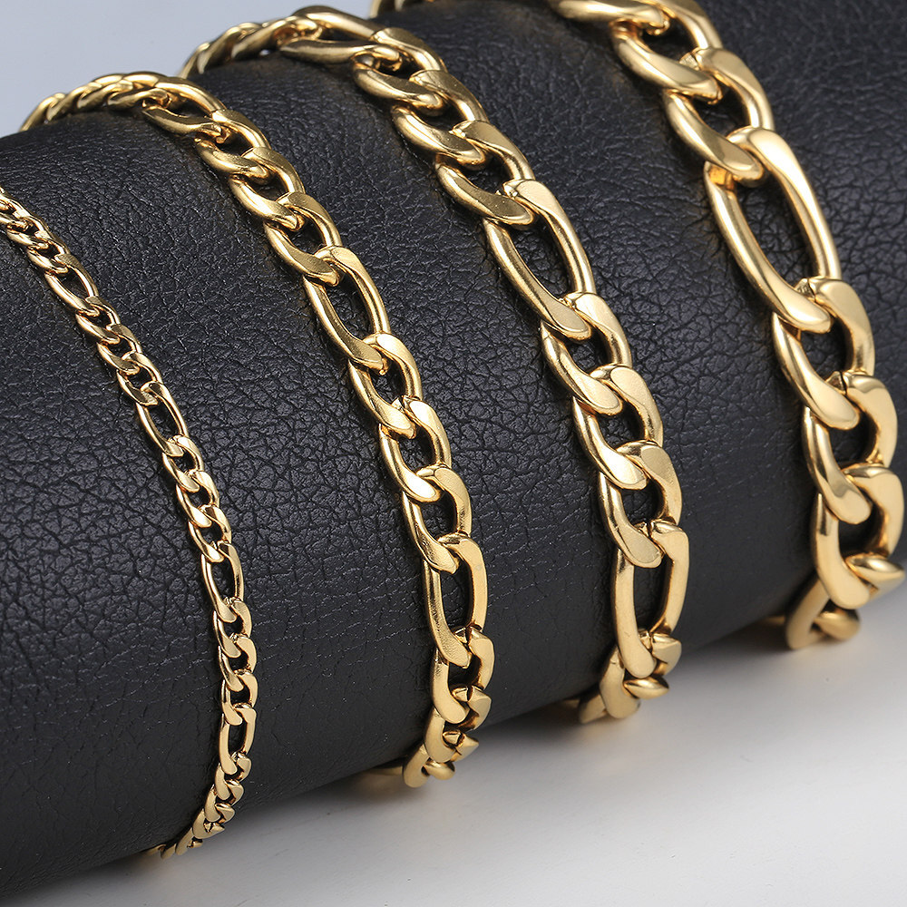 3-9mm Mens Gold Plated Stainless Steel Figaro Chain Bracelet Father’s Day Gift