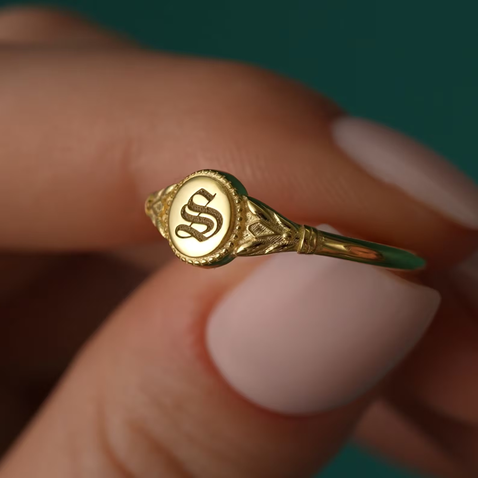 Custom Initial Signet Ring, Dainty Gold Filled Gold Plated 925 Silver Ring