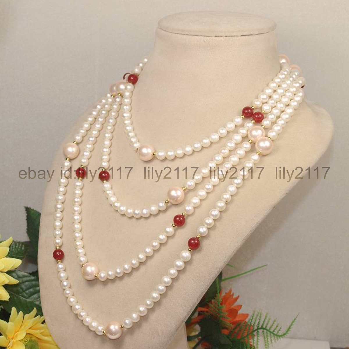 100 Inch Fashion 7-8mm white pearl 8mm red jade 14mm pink shell pearl necklace