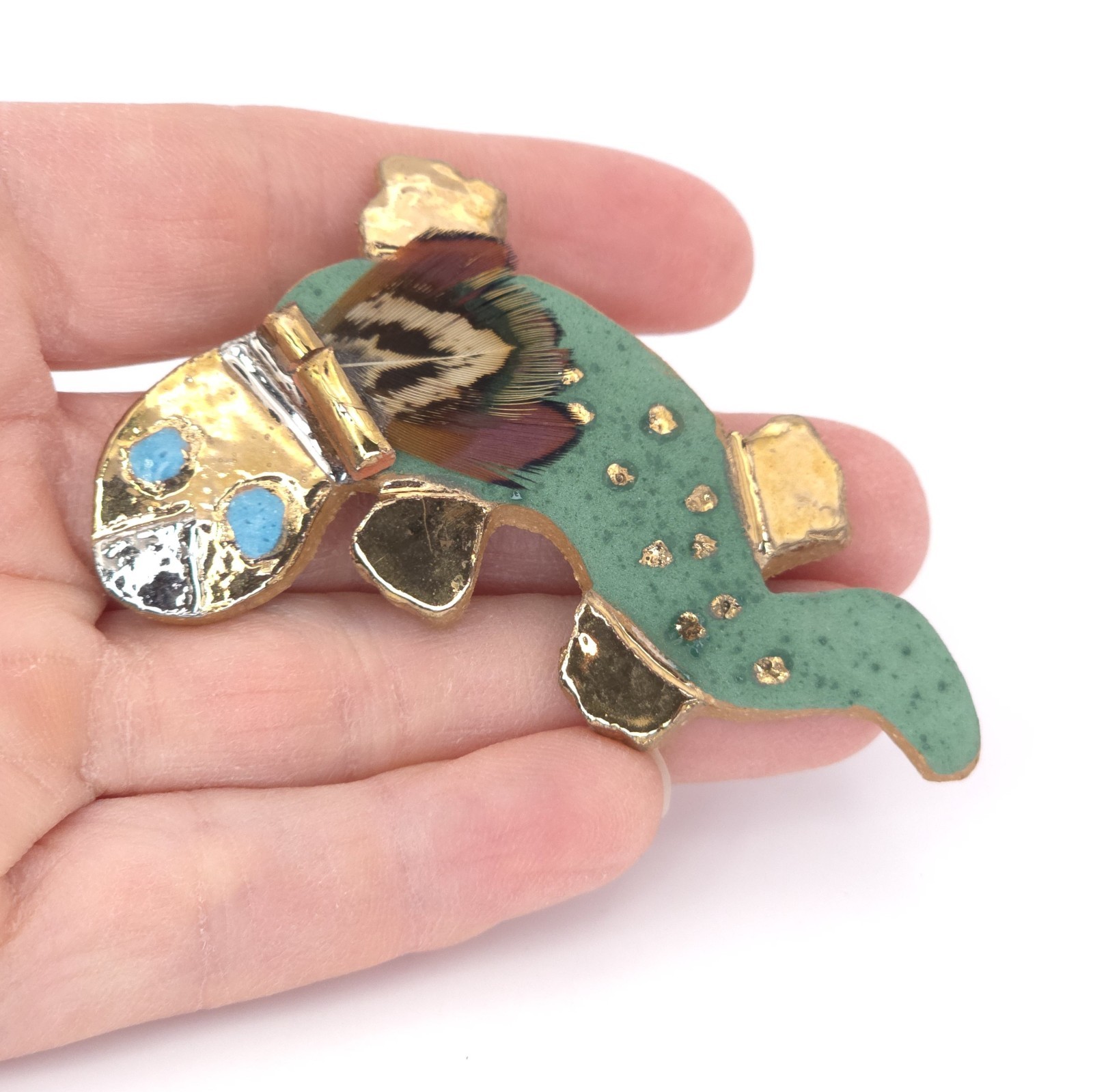 Leah’s Legends Brooch Lizard Feather Handmade Clay Green Aztec Gold Large