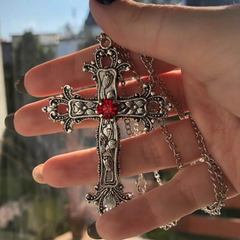 Gothic Big Zircon Cross Necklace Unisex Y2K Irregular Goth Large Cross Pendant