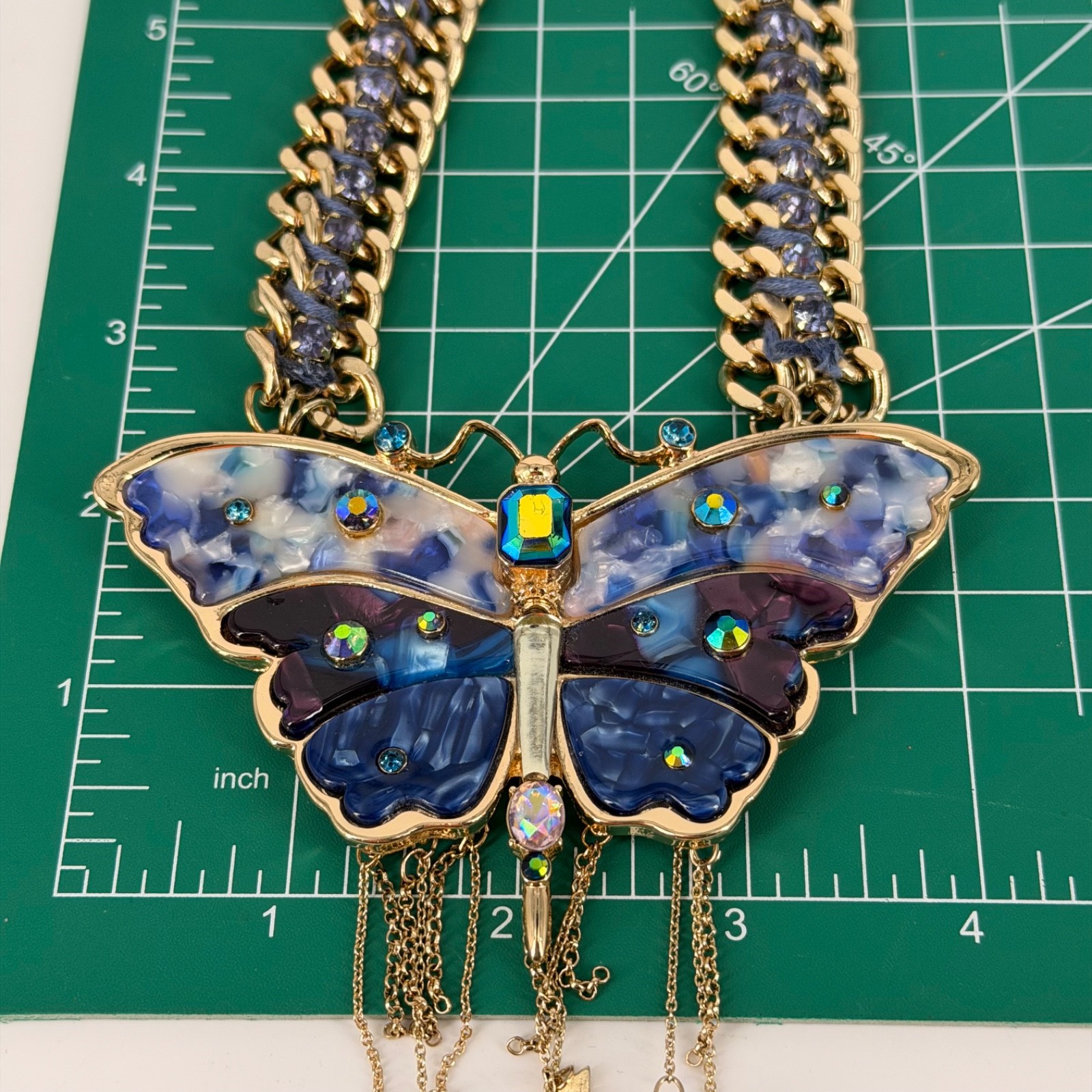 Betsey Johnson Blue Purple Butterfly Statement Necklace Gold Tone Star Charms