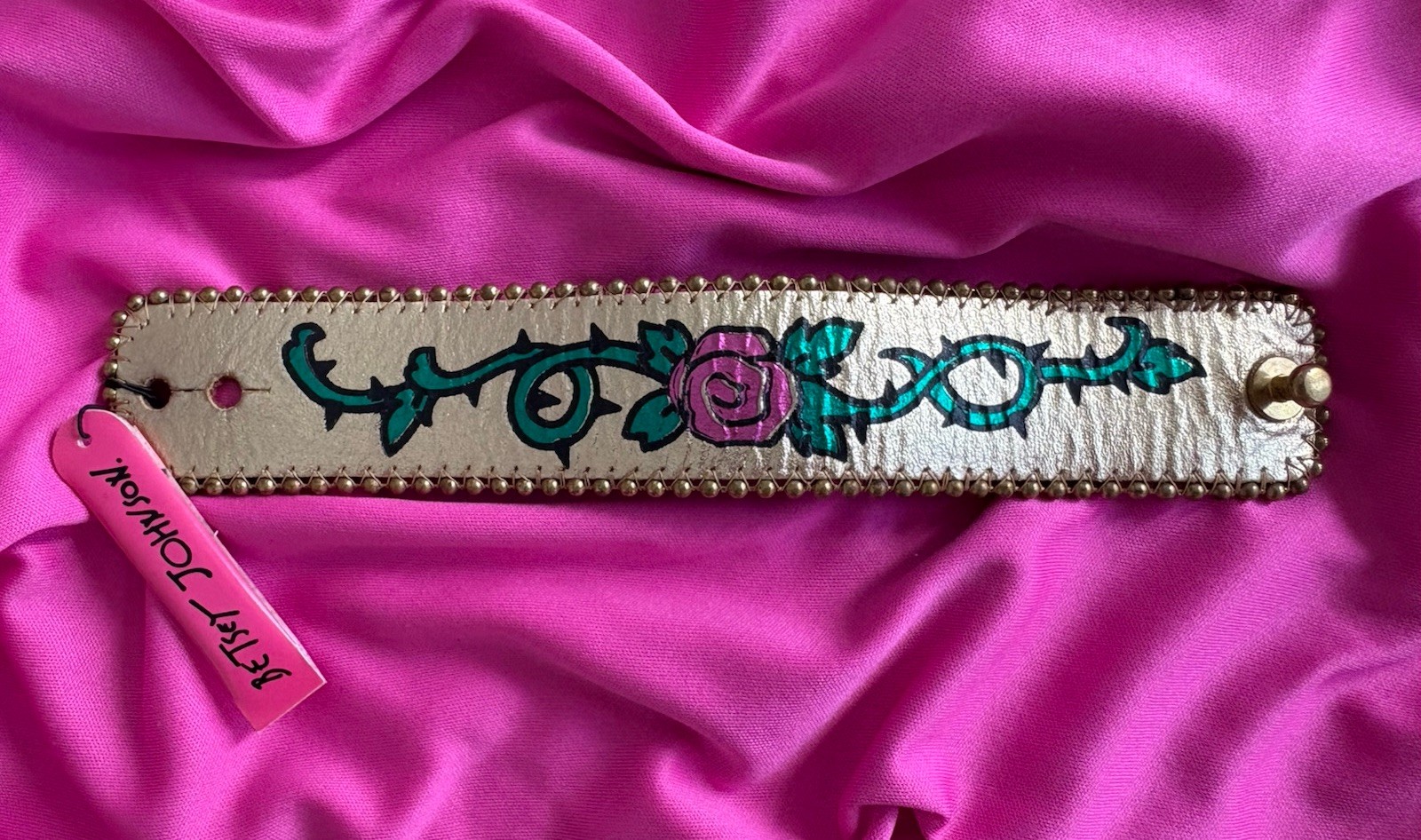 Betsey Johnson Vintage Tattoo Pink Rose Thorn Gold Leather Strap Bracelet RARE