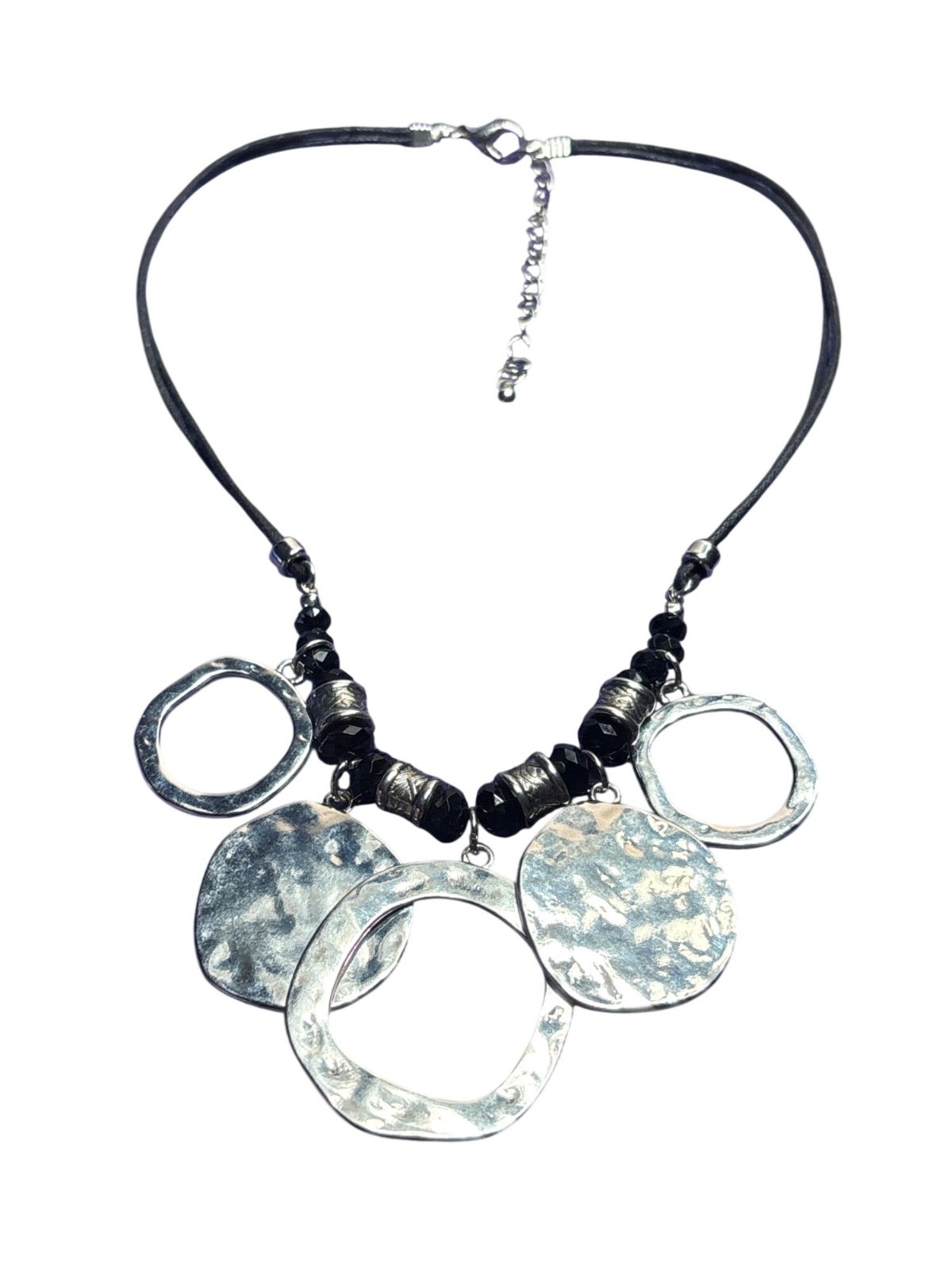 Hammered Silvertone Disks Rings Necklace Black Double Cord 16 – 19 inches Long