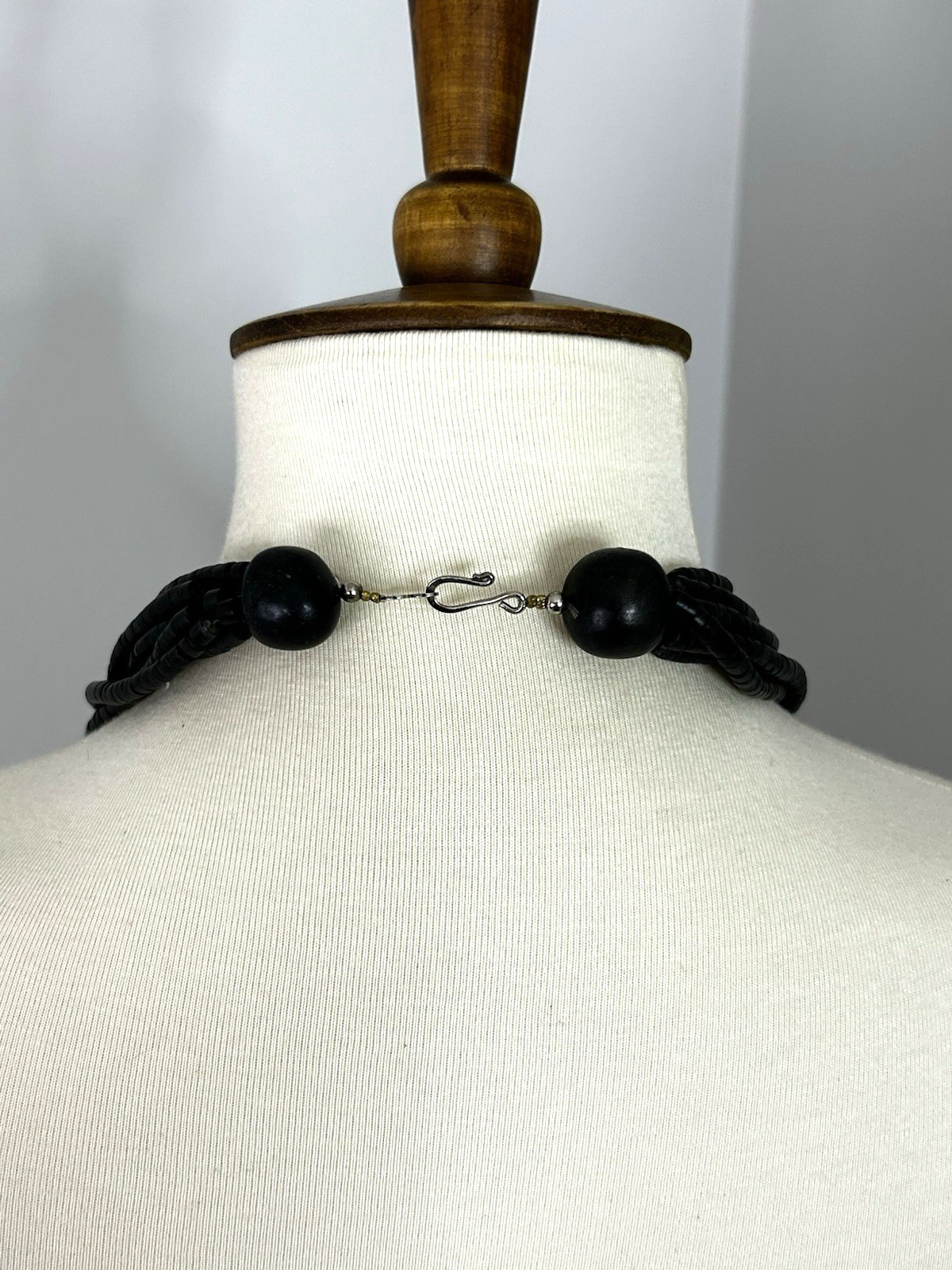 Coconut Shell Necklace 8 Strand Black and Ivory Tribal Unique Ethnic 32 in