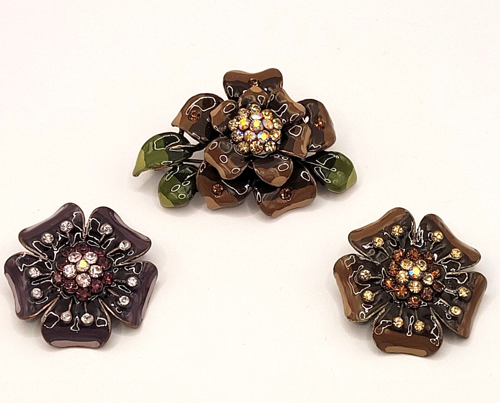 3 Flowers Sparkling Rhinestone Glossy Enamel Metal Floral Trio Brooch Pin Set