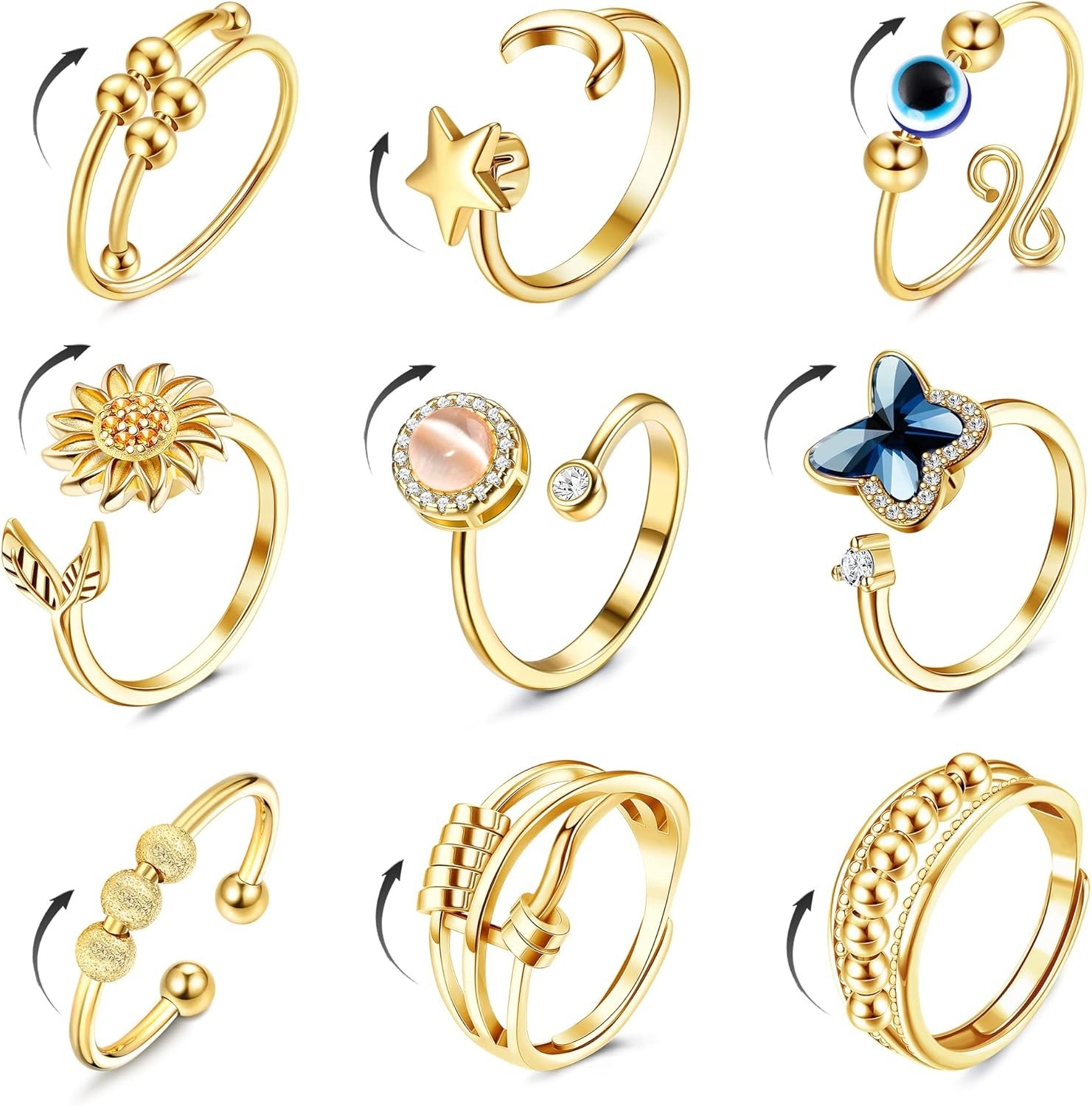 9 Pcs Fidget Anxiety Rings for Women Men Spinner Rings for Anxiety Relieving …