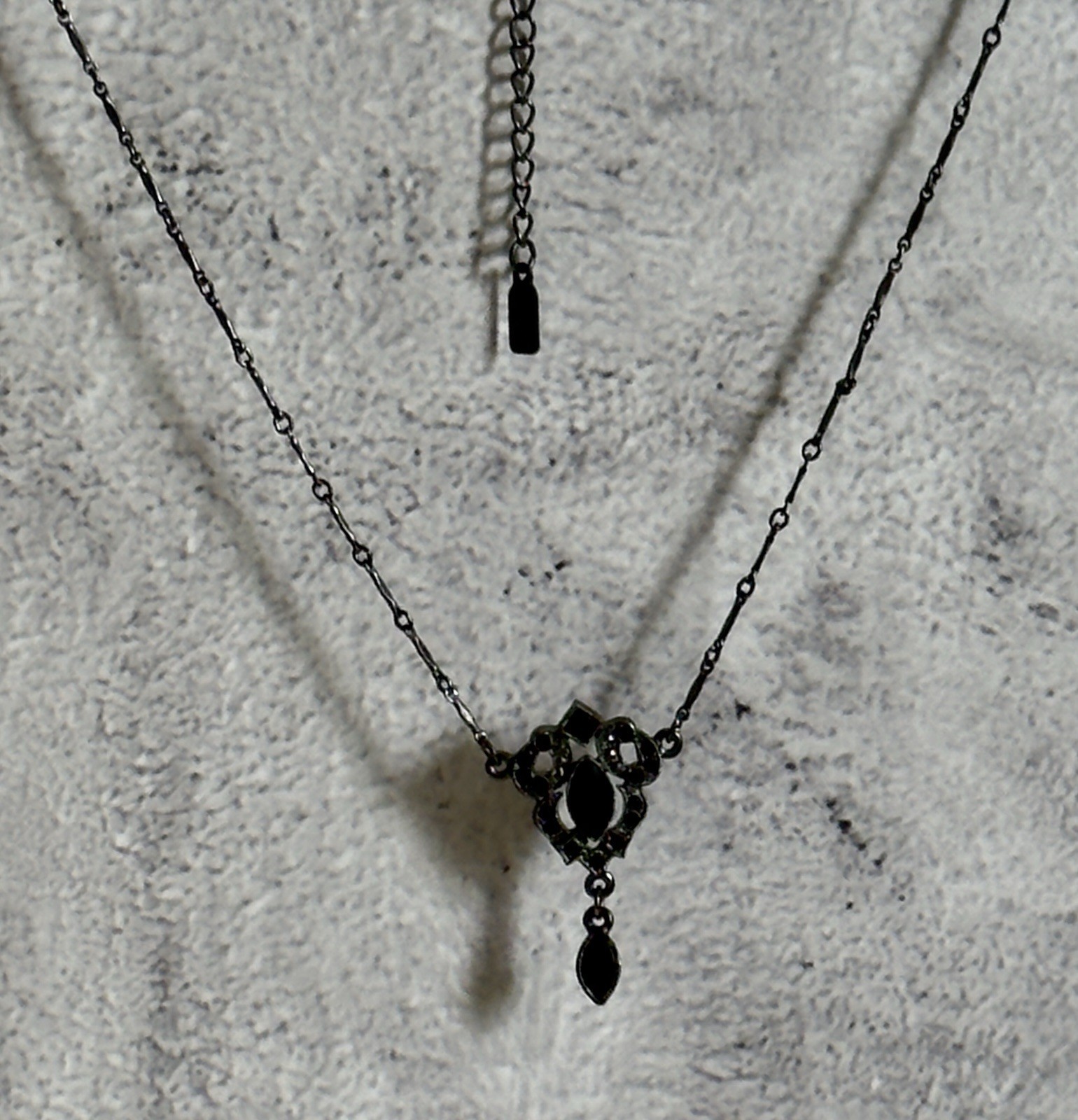 VTG 1928 Jewelry Co Black Rhinestone Marquise Y Drop Necklace Gunmetal Gothic