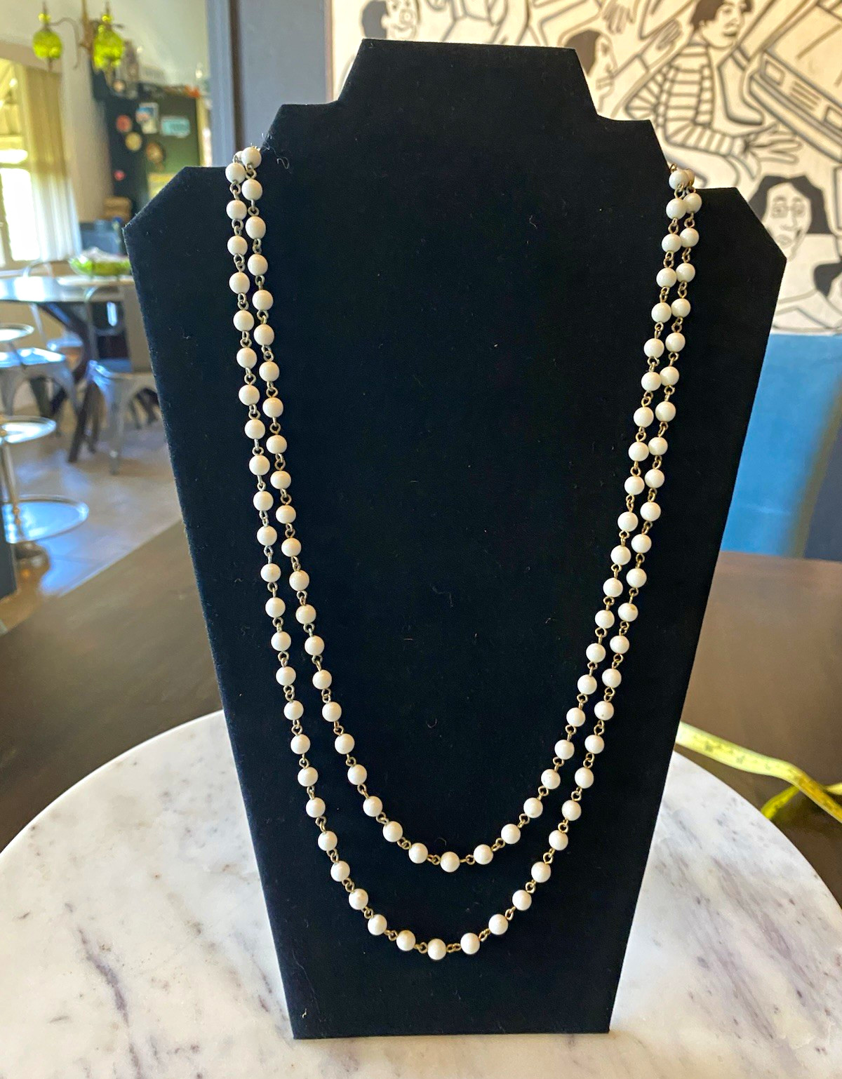 Vintage White Round Beaded Cable Chain Necklace, Beads, No Stone, 27 in