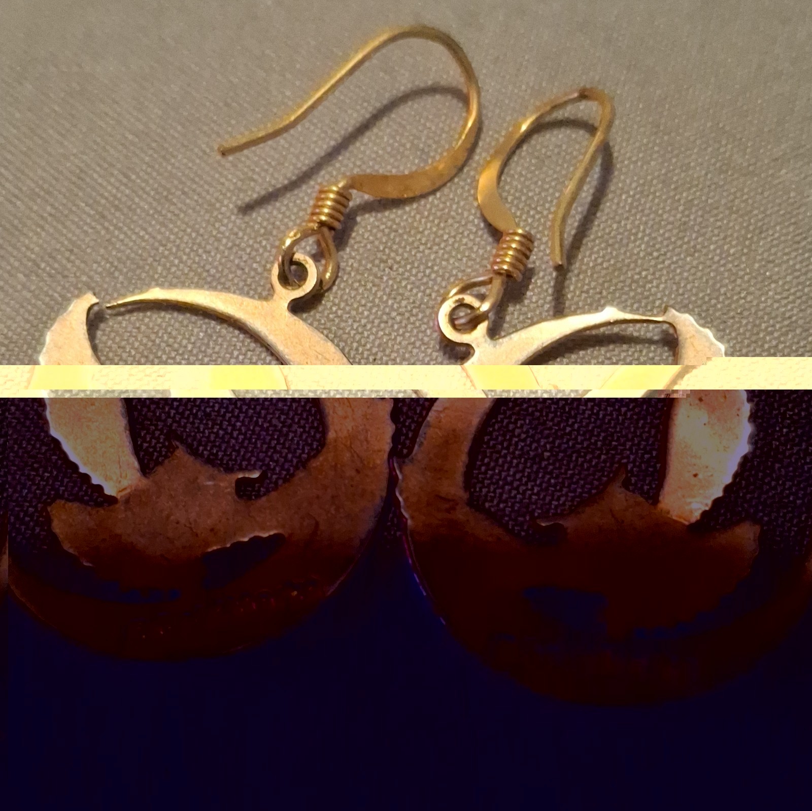Gold Tone Metal Owl on Crescent Moon Dangle Hook Earrings No Stone