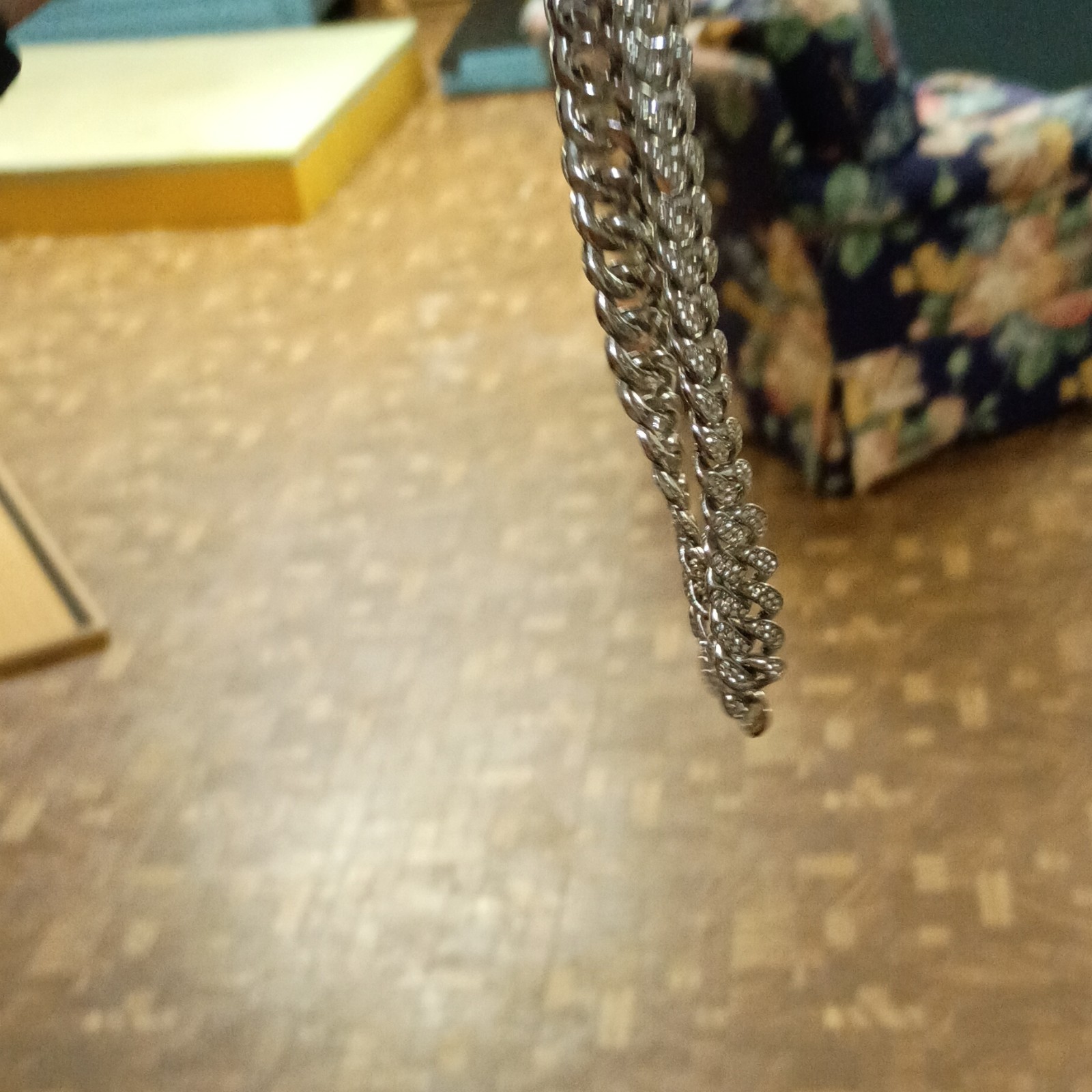 Silver-Tone Cuban Link Chain Necklace Clear Pavé Rhinestones Box Clasp