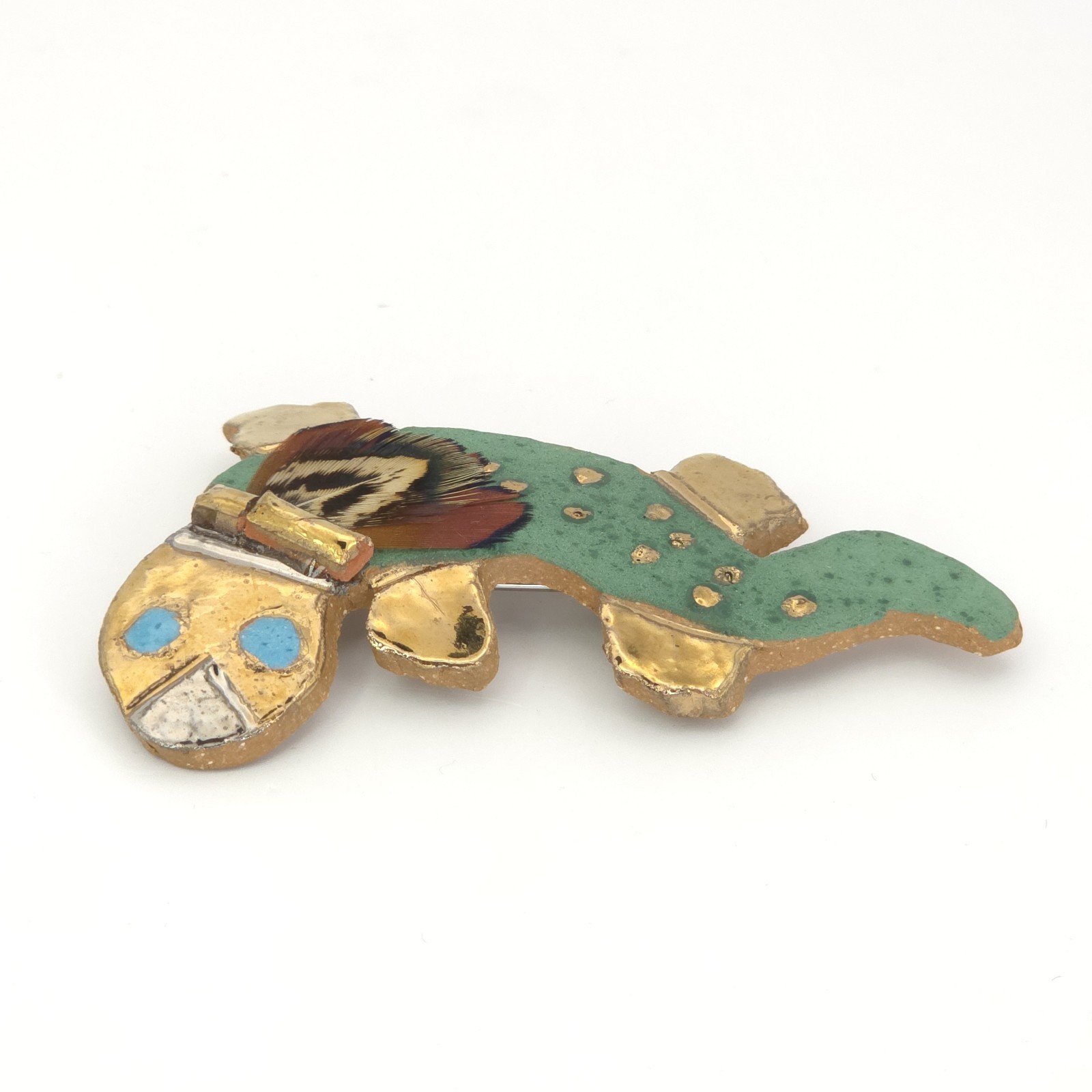 Leah’s Legends Brooch Lizard Feather Handmade Clay Green Aztec Gold Large